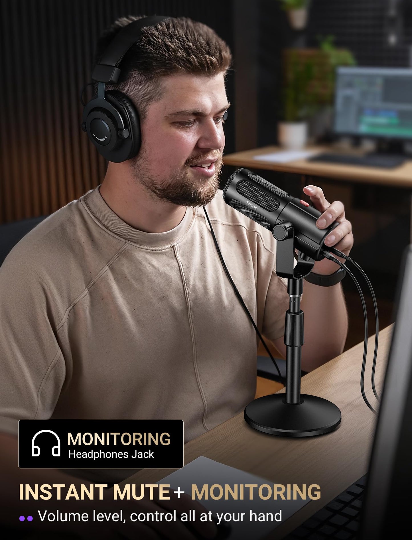 FIFINE AmpliTank TANK6S Vocal-Dynamic-Microphone, XLR-USB-Podcast-Microphone with Desktop Stand, Mute Button, Volume Knob, Studio Metal Built, Streaming-Mic for Content Creation, Music Recording
