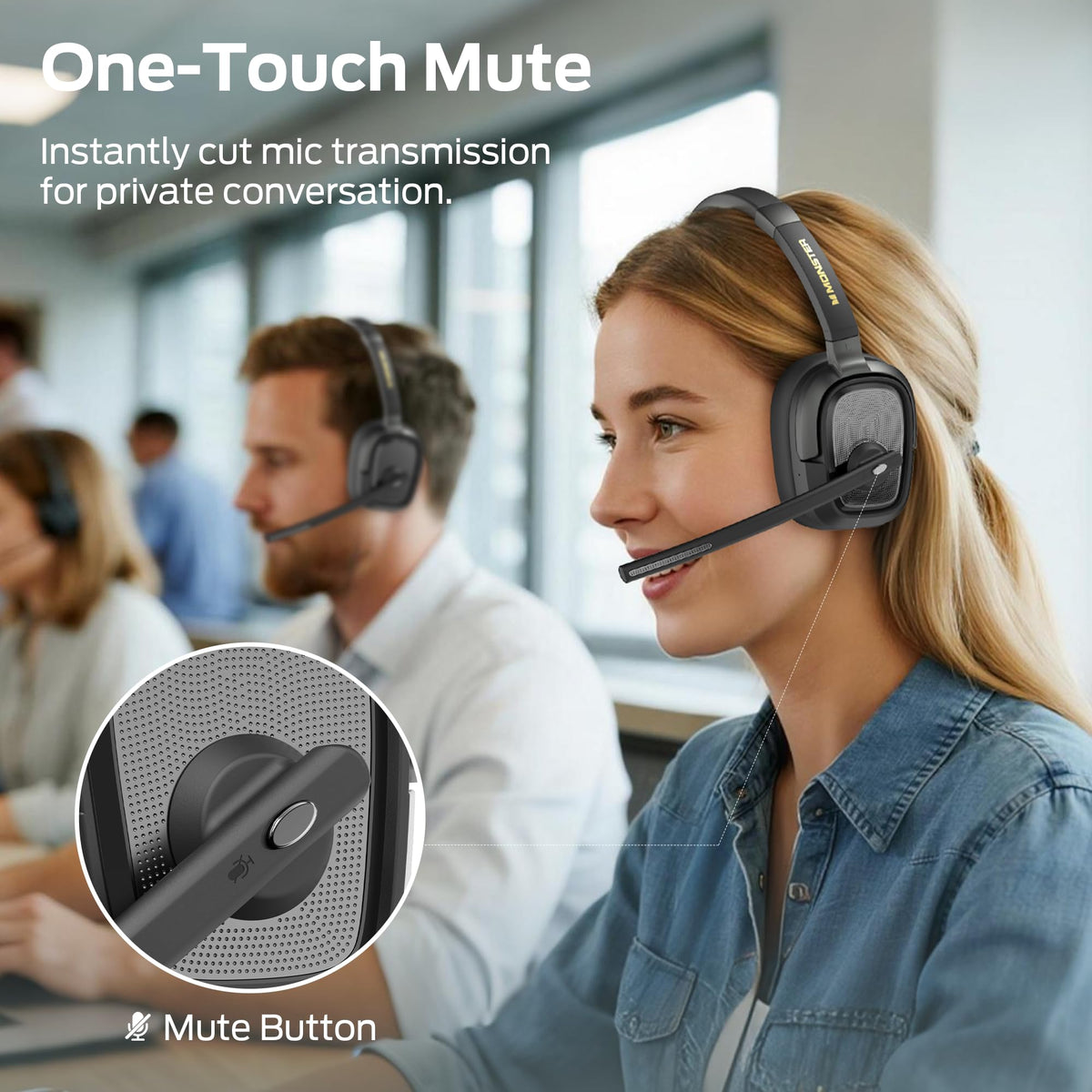 Monster VoiceLink 200 Wireless Headset with Mic for Work, Bluetooth V5.4 Headphones with AI Noise Cancelling Mic & USB Dongle, 60H Playtime & Mic Mute for Computer/Laptop/PC/iPhone/Android