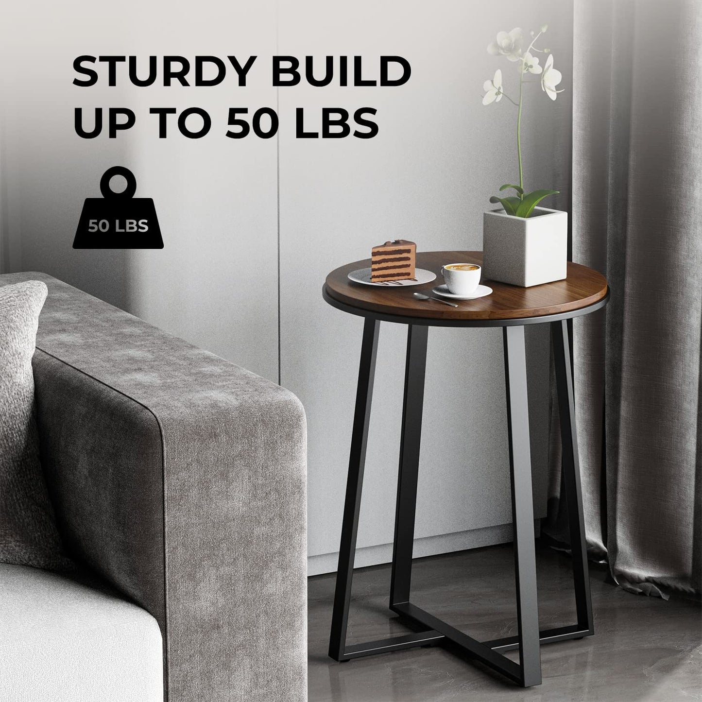 Dorriss Round End Tables, Small Side Table Walnut Color MDF Top, Metal Frame Black, Tall End Table for Bed Room, Coffee Tea End Table for Living Room(Walnut+Black)