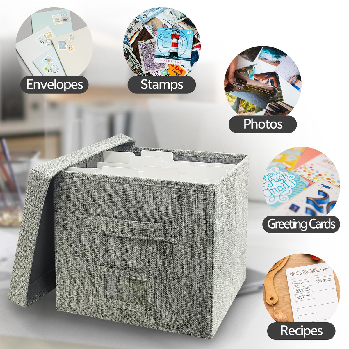 Craftask Gray Greeting Card Organizer Box with Dividers and Adhesive Labels, Greeting Card Storage Box for Photos, Envelopes and Postcards