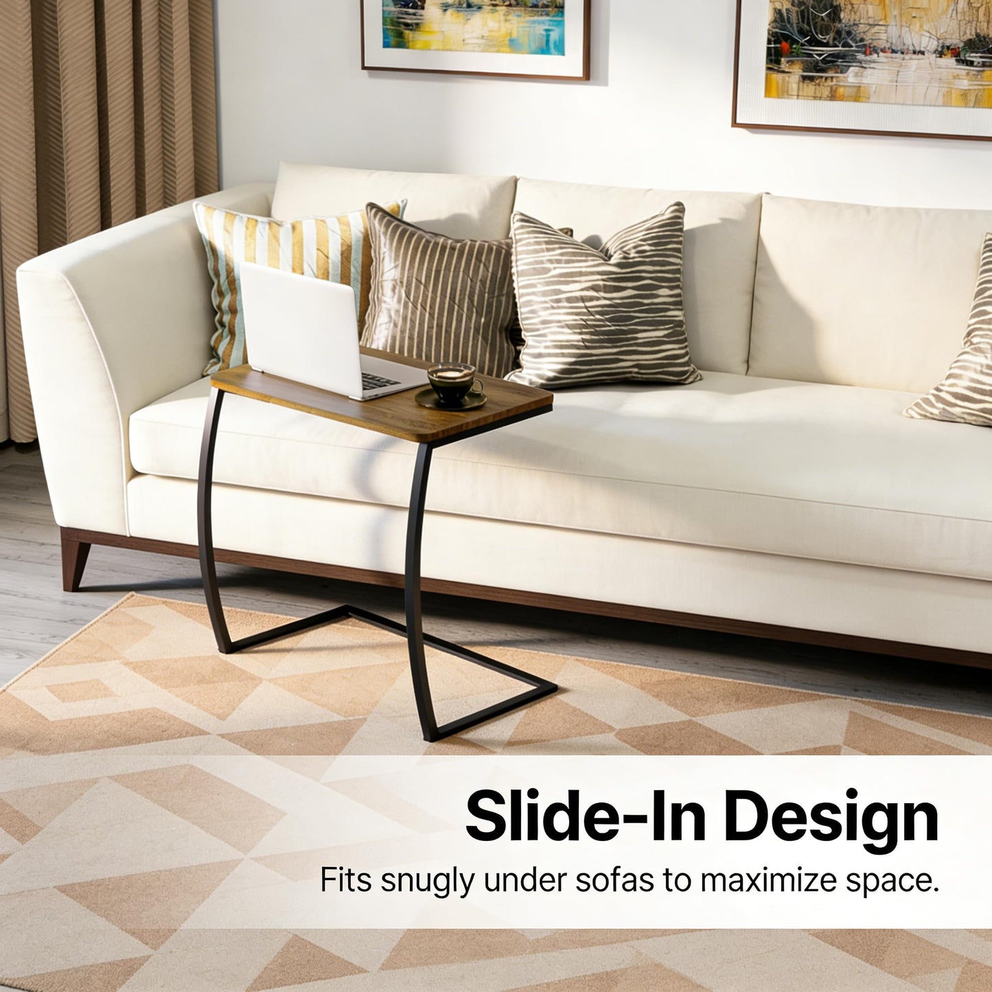 SRIWATANA Side Table, End Table, Vintage C-Shaped Couch Table for Sofa Laptop Coffee Snack, Walnut
