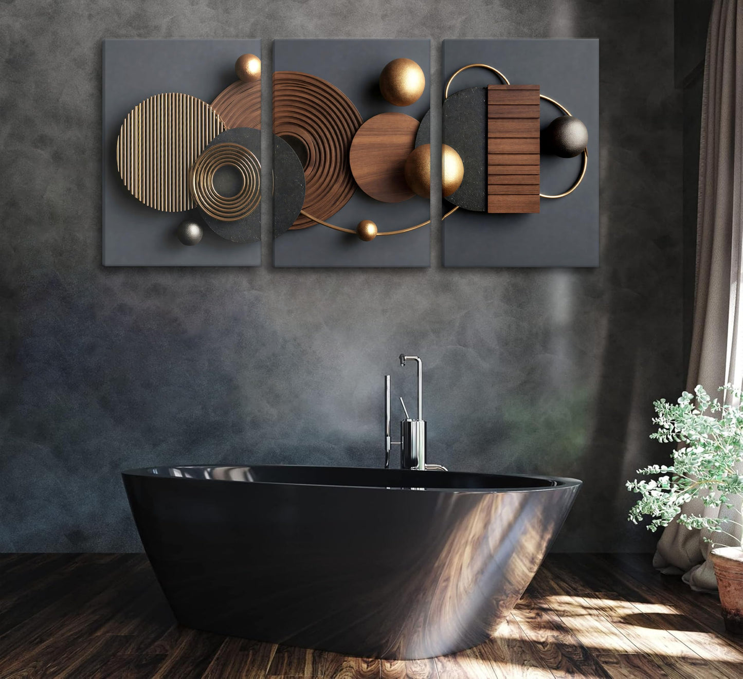 3D Textured 3Pcs Abstract Black Gold Geometric Boho Canvas Wall Art Mid Century Modern Minimalist Aesthetic Luxury Metal Artwork Pictures Wall Decor Posters Prints for Living room Office Home Decoration