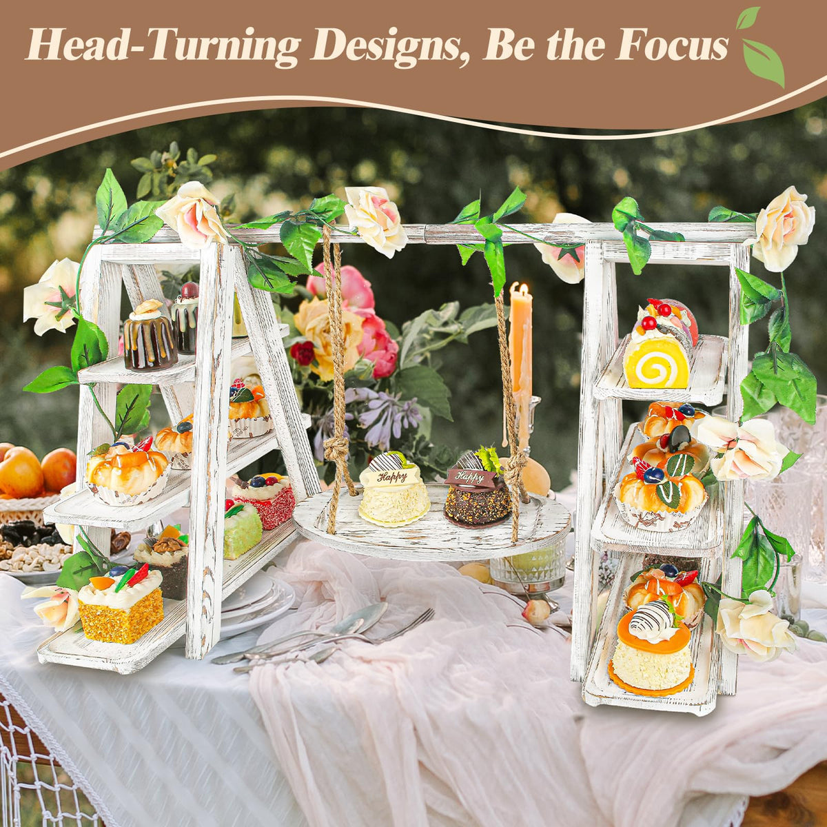 Wisreach Wooden 3 Tier Cupcake Stand with Swing and Flower Decoration Serving Removable Tray Display Serving Ladder Foldable Stand with Serving Platter Tray Party Food Display Set for Cake Snack Fruit Chips Bread Centerpieces Catering