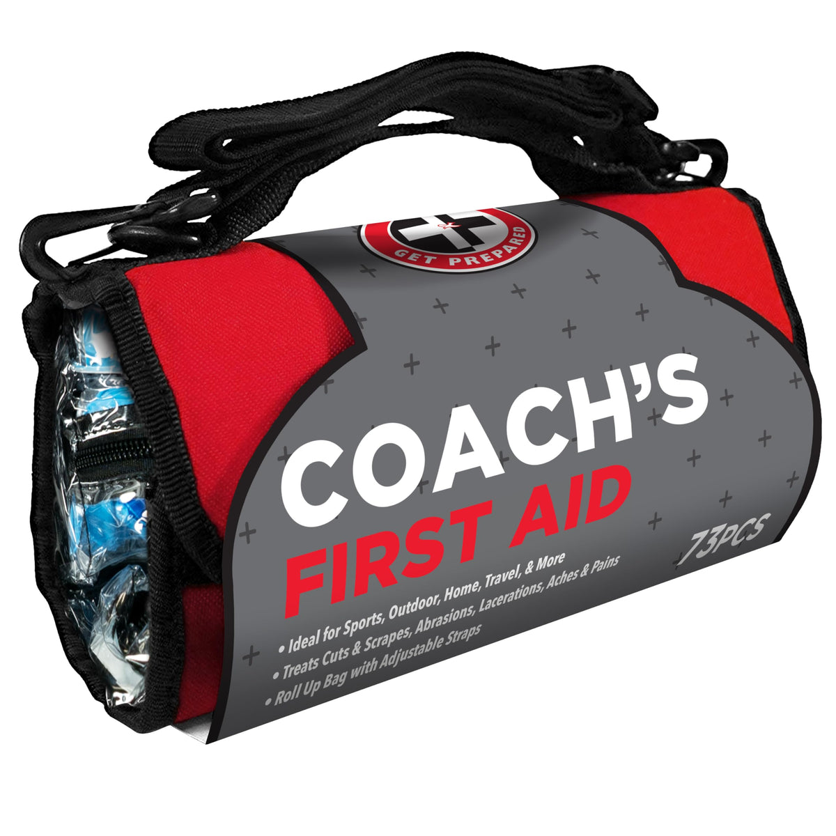 Be Smart Get Prepared 73-Piece Coach’s and Team Sports First Aid Kit in Roll up Bag: Clean, Treat, Protect Cuts, Scrapes. Home, Office, Car, School, Travel, Hunting, Outdoor, Camping, FSA HSA