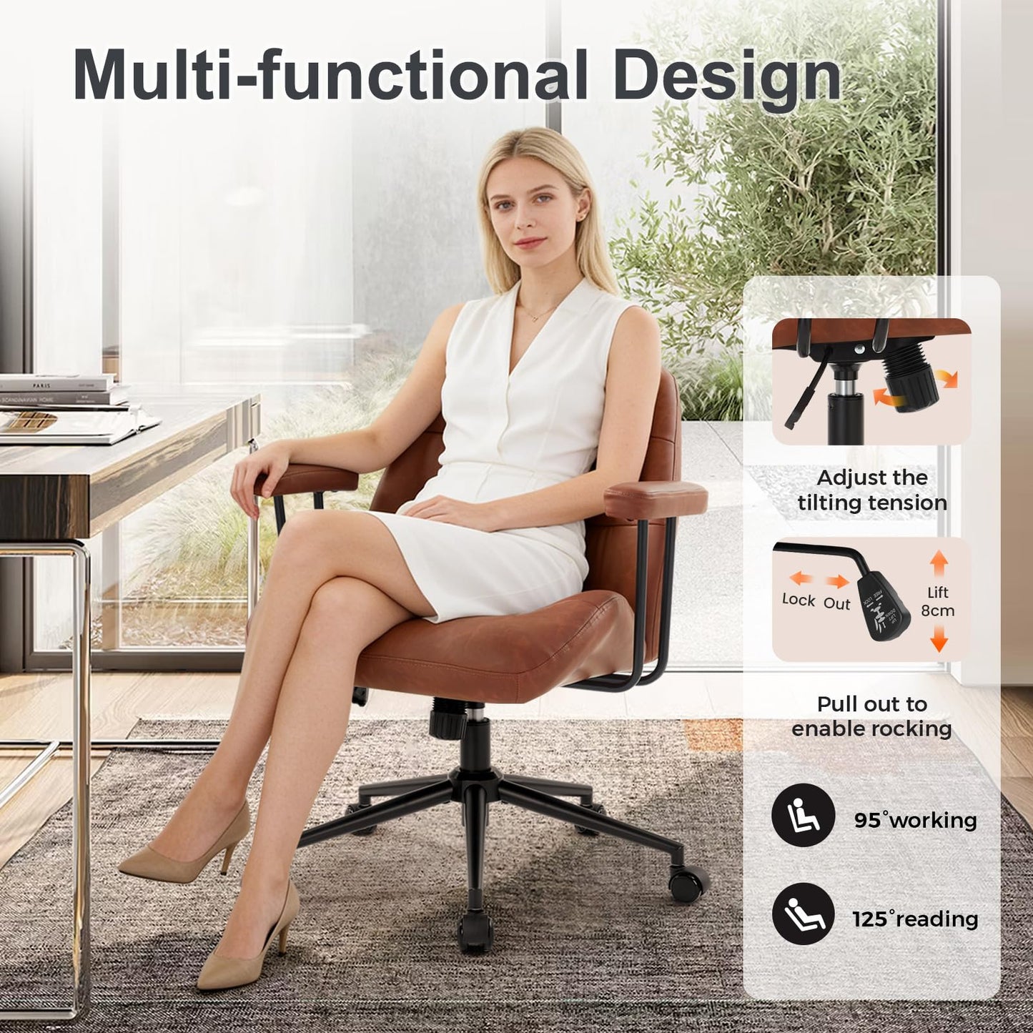 IWMH Leather Office Chair with Removable Armrests，Mid-Back Ergonomic Desk Chair with Lumbar Support，Adjustable Height 360° Swivel Executive Task Chairs for Home Office (Brown)