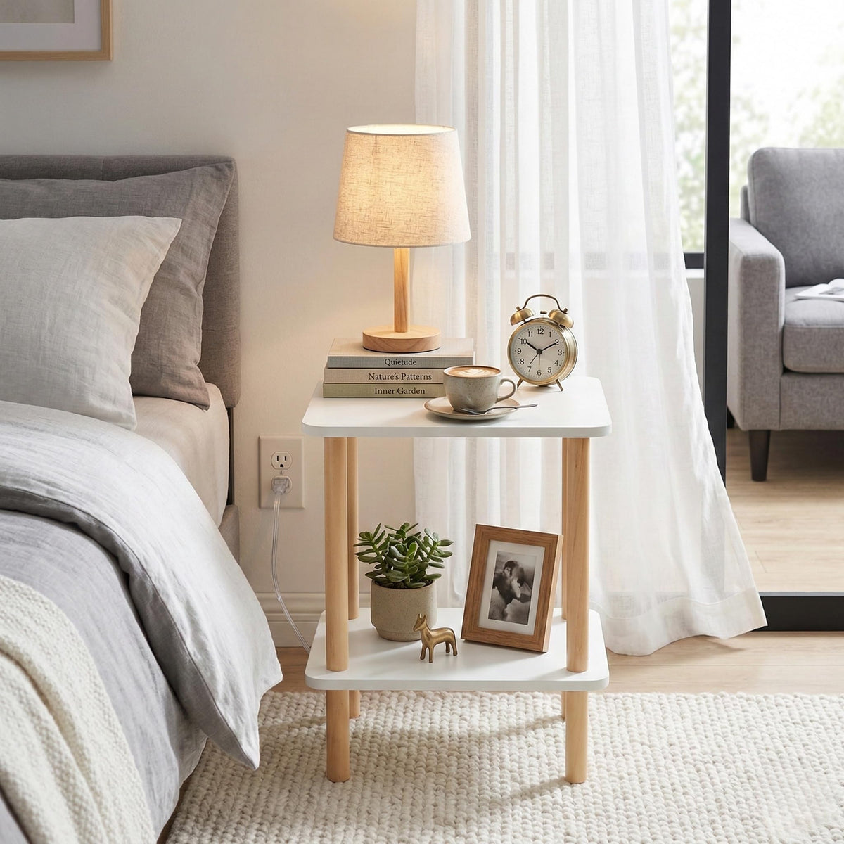 FORAOFUR End Table with Charging Station, End Tables with USB Ports and Outlets, Small Side Table for Living Room, Bedroom & Office, Two-Tier Narrow Side Table, Easy Assembly