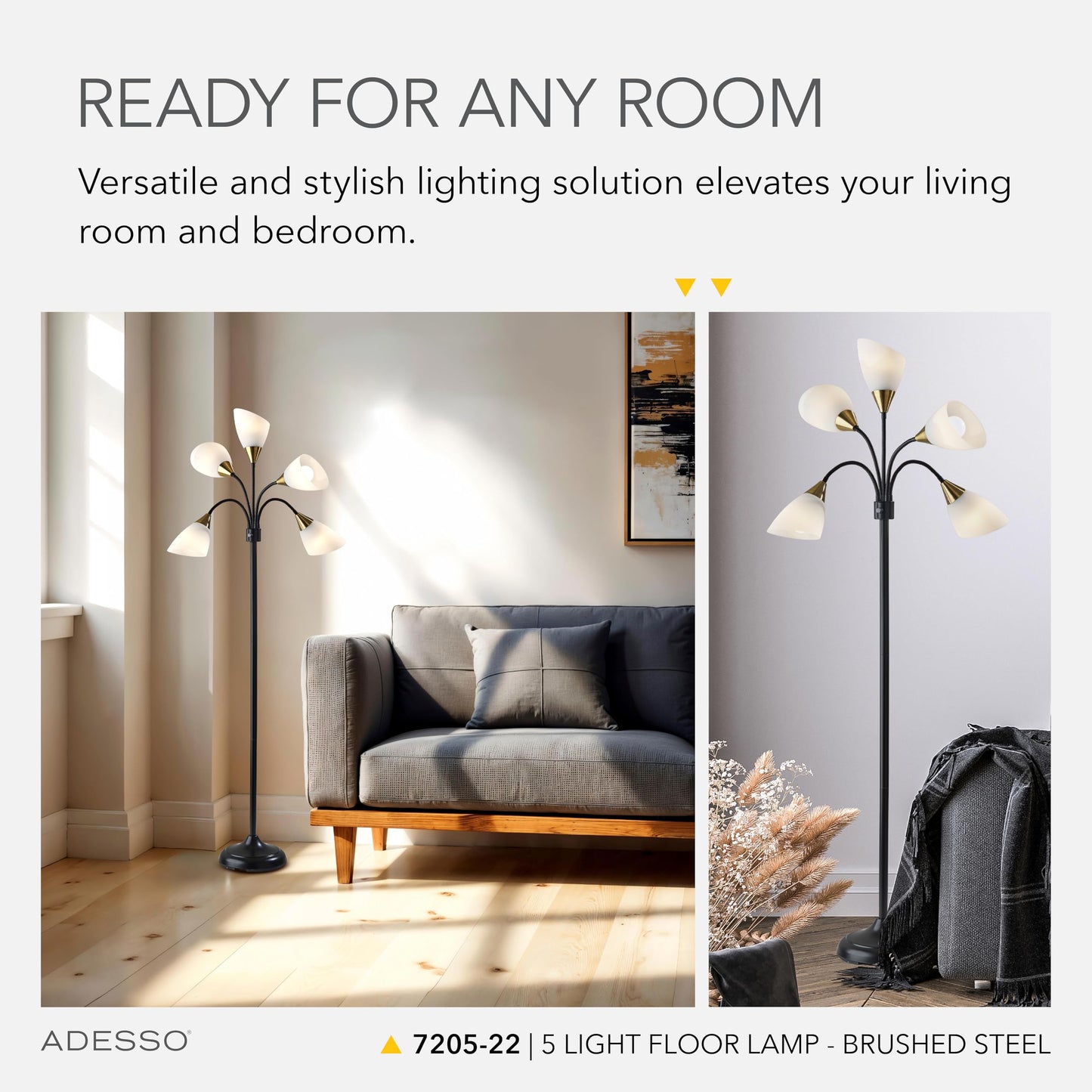 Adesso Floor Lamp with 5 Movable Shades & Adjustable Brightness – Perfect Lighting for Bedroom Decor, Beauty & Art Studio, Silver