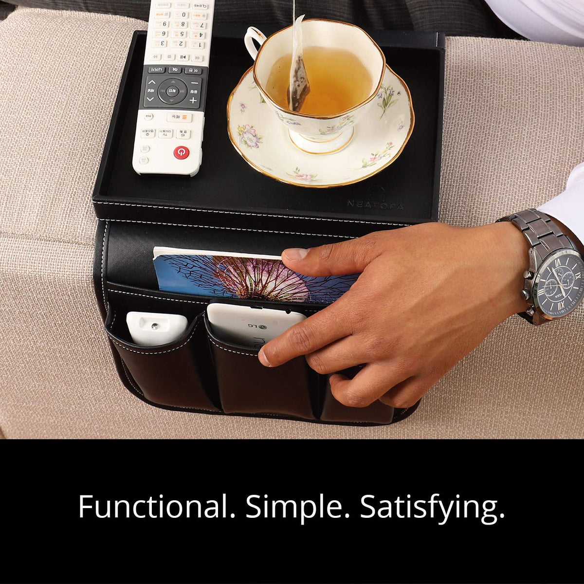 U NEATOPA Couch Remote Caddy Control Holder Sofa Organizer with Detachable Wooden Snack Tray for Recliner Mattresses Chair Armrests with 4 Slots - 1 Large Pockets and 3 Small Pockets (Black)