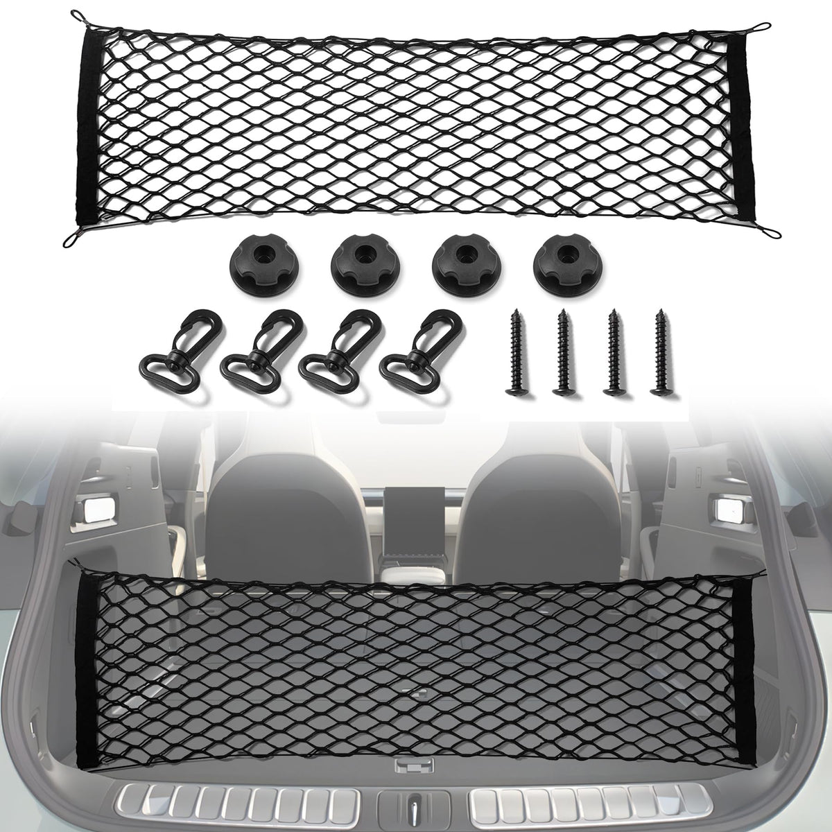 Amiss Cargo Net Stretchable. Adjustable Elastic Trunk Storage Net with Hook for SUVs, Cars and Trucks, Car Exterior Accessories (43.3x15.8 Inch)