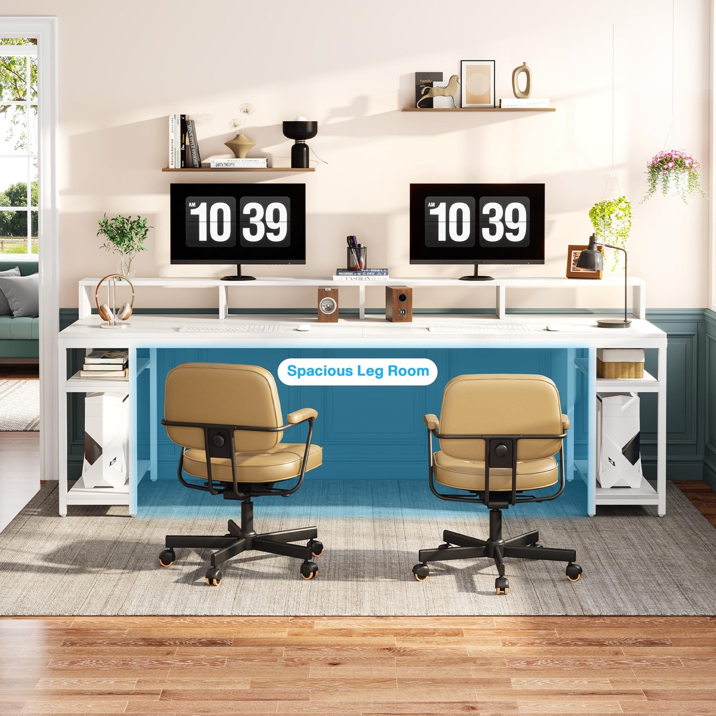 Tribesigns Two Person Desk with Monitor Stand, 78.74" Long Double Computer Office Desk with Storage Shelves, Large Gaming Desk Study Writing Table Workstation for Home Office (White)