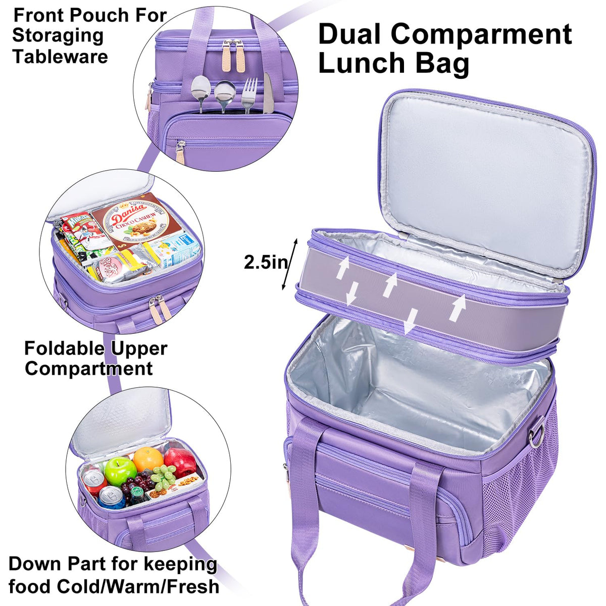 Weitars Insulated Lunch Box for Women Men-Dual Compartment Waterproof Reusable Large Lunch Bag Wide-Open Tote Cooler Bag For Working Picnic Hiking (15L) (Purple)