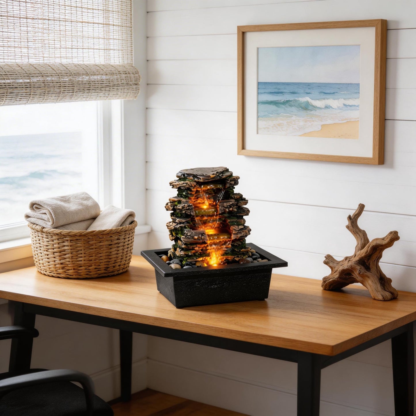 MAOCHI Tabletop Water Fountain, Home Décor Soothing Sound Machine with Automatic Pump, Deep Basin and Natural River Rocks. Indoor Zen Relaxation for Office, Living Room, or Bedroom Décor.