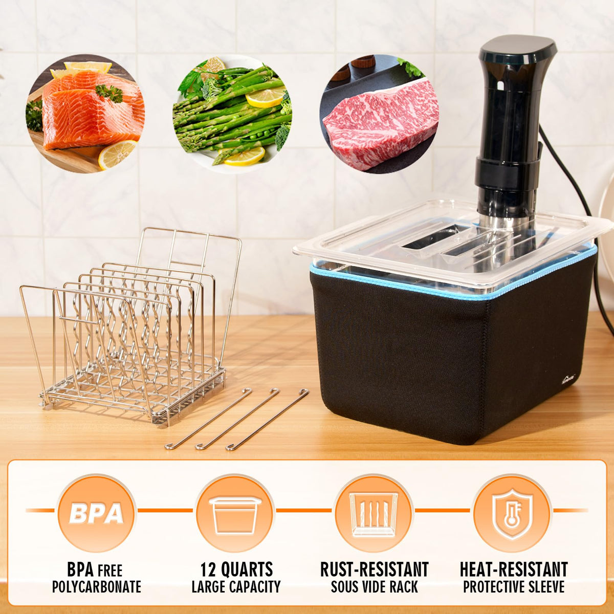 HOMENOTE Container 12 Quart with Lid & Rack and Sleeve - BPA Free Complete Sous Vide Accessories Kit with Cookbook For Anova and Most Sous Vide Cookers