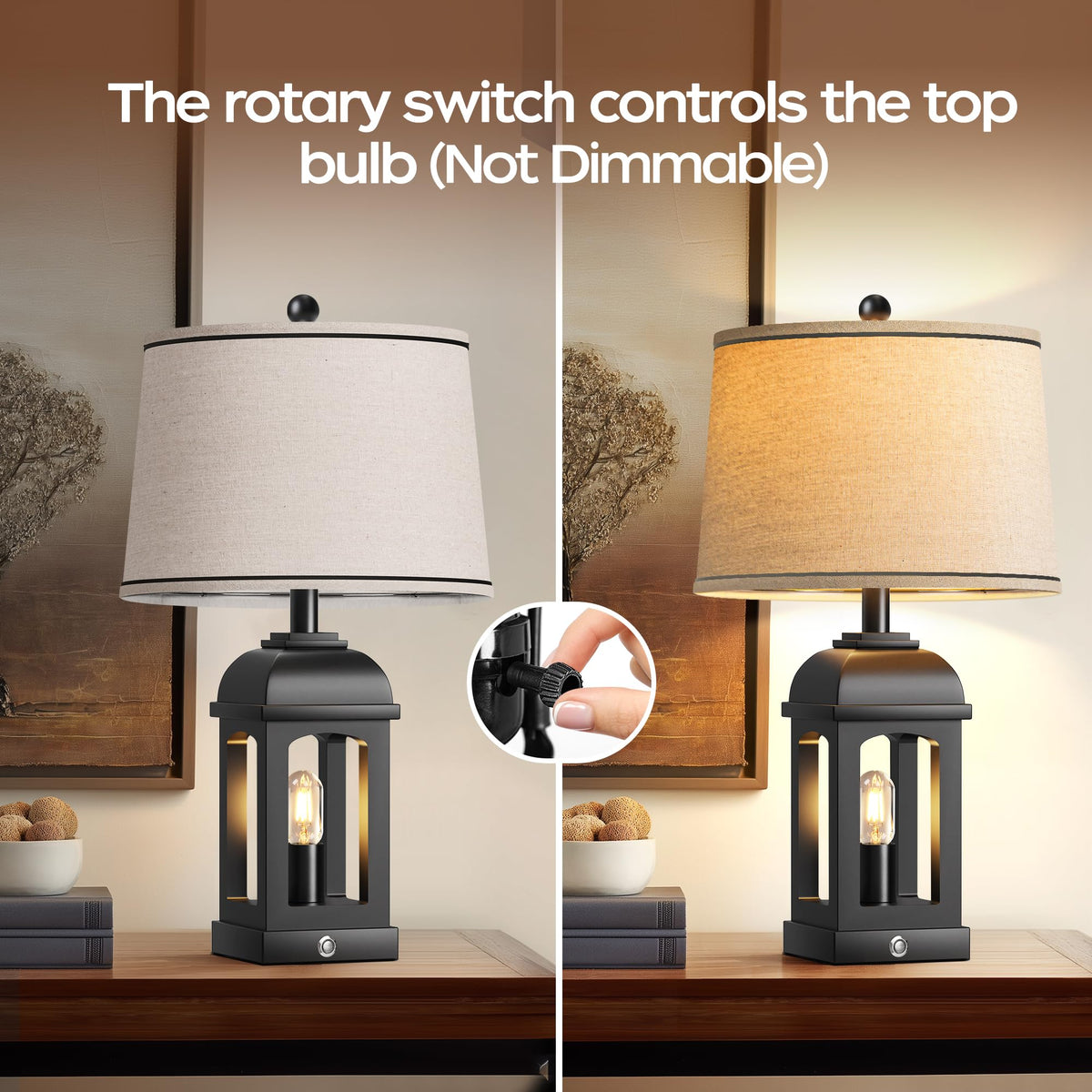 QiMH Table Lamp for Living Room, Farmhouse Lamps Set of 2 with USB A+C and Nightlight, 26" Rustic Bedside Lamps with 3-Way Dimmable Touch Control, Nightstand Lamp for Bedroom Decor, Black
