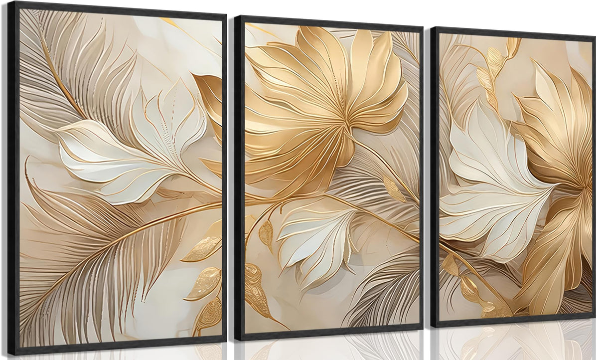 Modern Abstract Gold Botanical Canvas Wall Art Fashion Plants Wall Decor Pictures Leaf Light Luxury Poster Prints Flowers Painting Artwork for Living room Office Decoration 12x16in Frameless