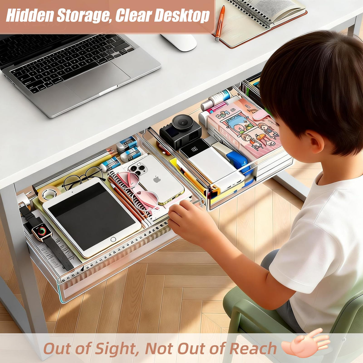 TooCust 3-Pack Under Desk Drawer for Desk with Frame & Beam, Fits Where Standard Drawers Can't, 52mm Heightened Slide Out Organizer, Dual Adhesive or Screw Mount, Clear PET Under Table Storage