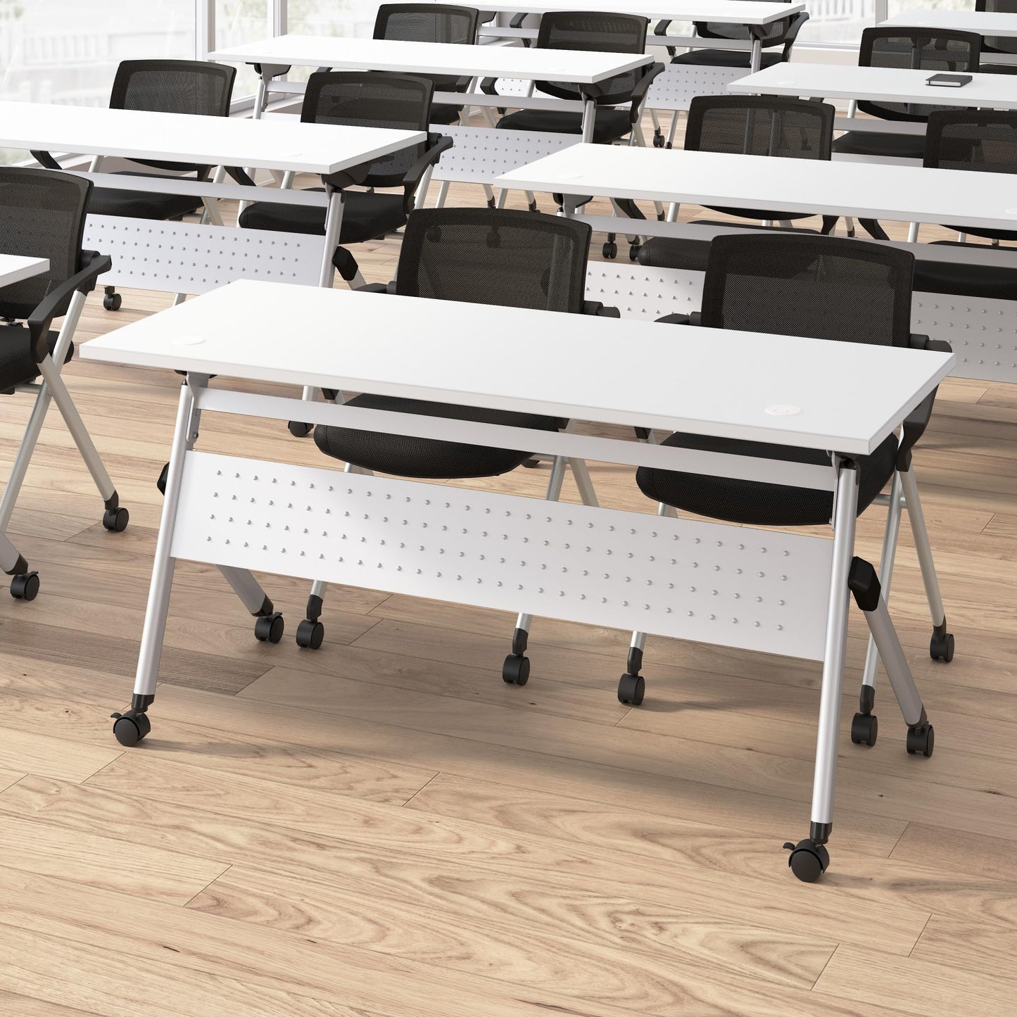 Bush Business Furniture Folding Training Table Set for 2, 60 inch, 2 Mesh Back Folding Chairs with Arms, Commercial-Grade Bundle for Office or Classroom, Envision Collection, White