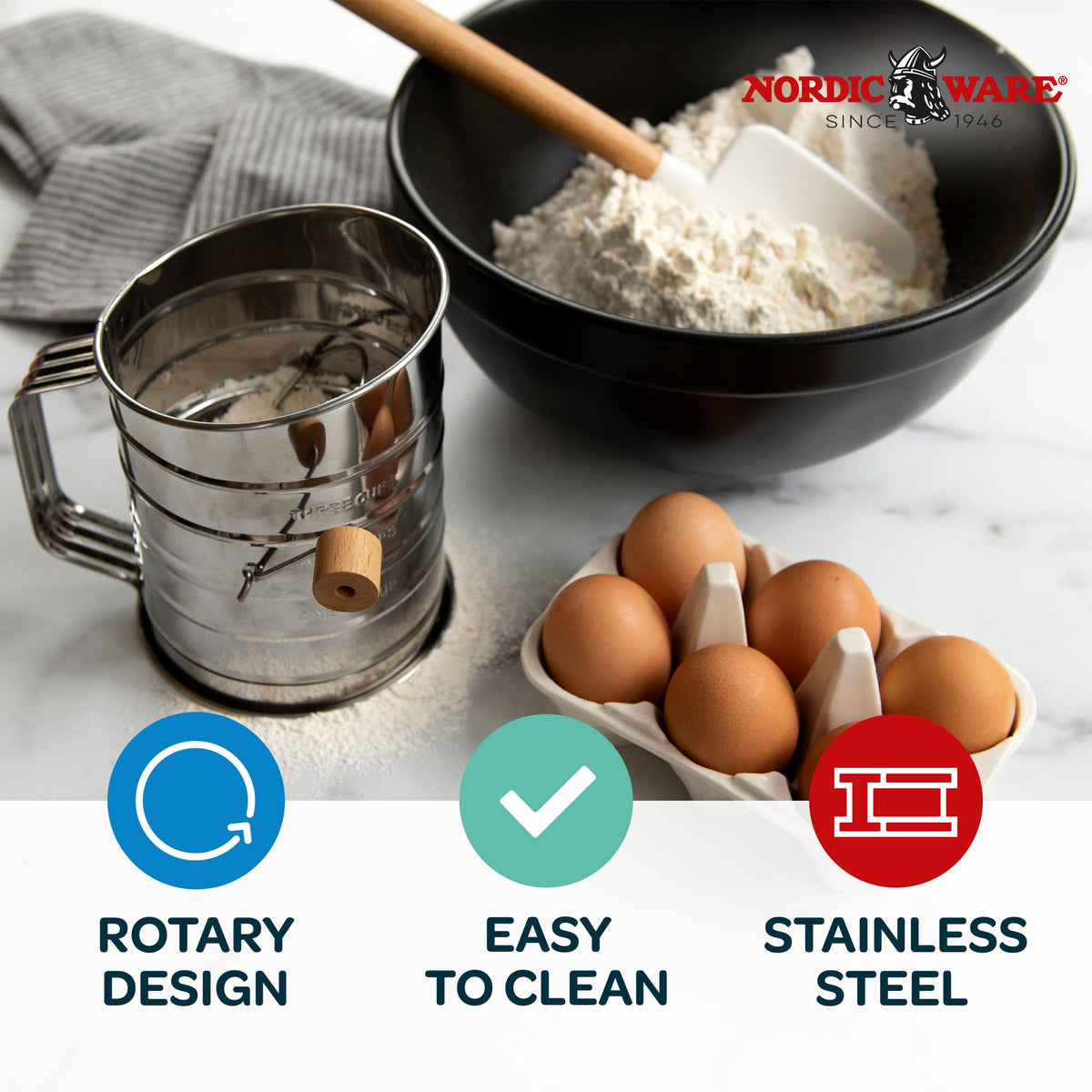 Nordic Ware Flour Sifter, 3-Cup Stainless Steel Flour Sifter, Rotary Design, Baking Accessories For Sifting Dry Ingredients & Powdered Sugar
