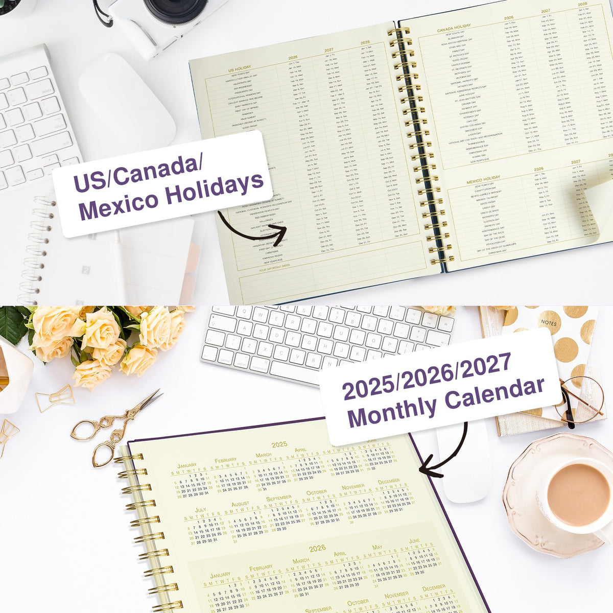 AuroPlanner Undated Daily Planner To Do List Hourly Schedule 2027 2026 2025 Calendar & Holiday Habit Tracker 180 Pages Letter Size 8.5" x 11" Sheets Hardcover Spiral Bound Notebook (Purple Indigo)
