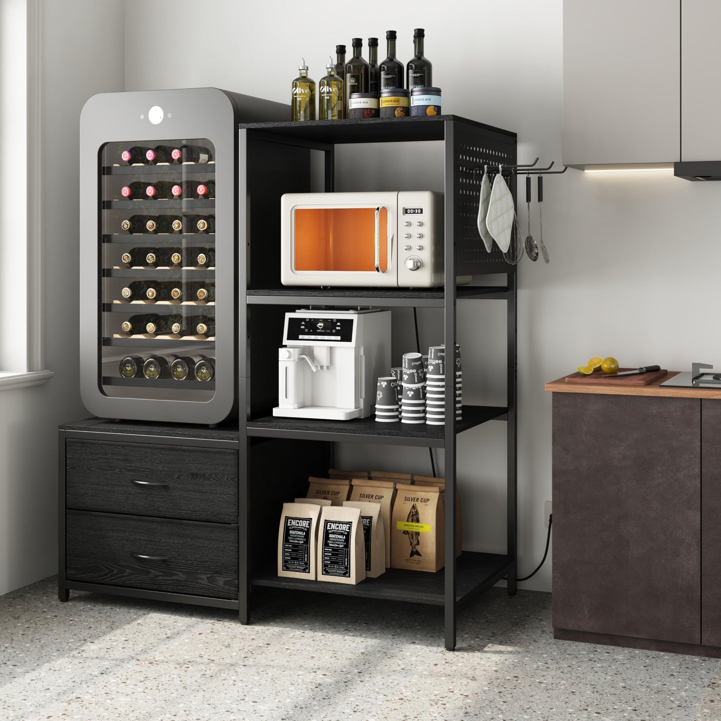PyroLog Mini Fridge Stand with Adjustable Shelf, Power Outlet & Storage, Kitchen Organizer for Microwave, Coffee Bar, Dorm, Office (Black)