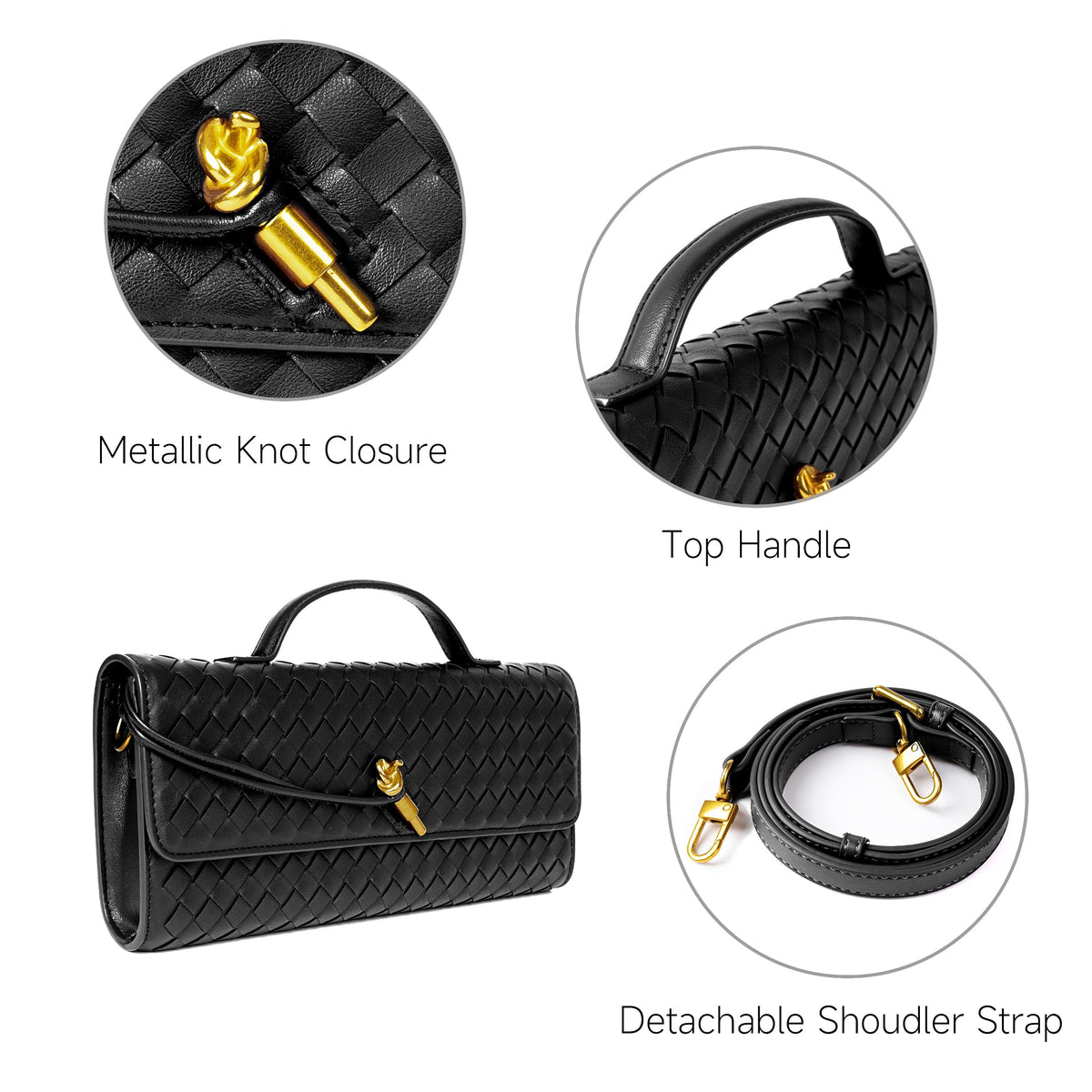 Joryin Woven Purse for Women Evening Clutch Woven Leather Handbags Crossbody Bag Purse Formal Evening Bag, Black