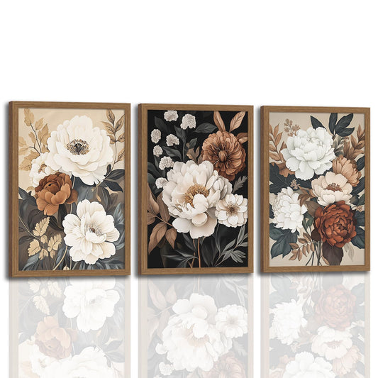 Moody Flower Framed Canvas Wall Art,Retro Beige Peony Wall Decor,Vintage Textured Blossom Botanical Artwork Art Print for Living Room,Bedroom,Office 12x16in Ready to Hang