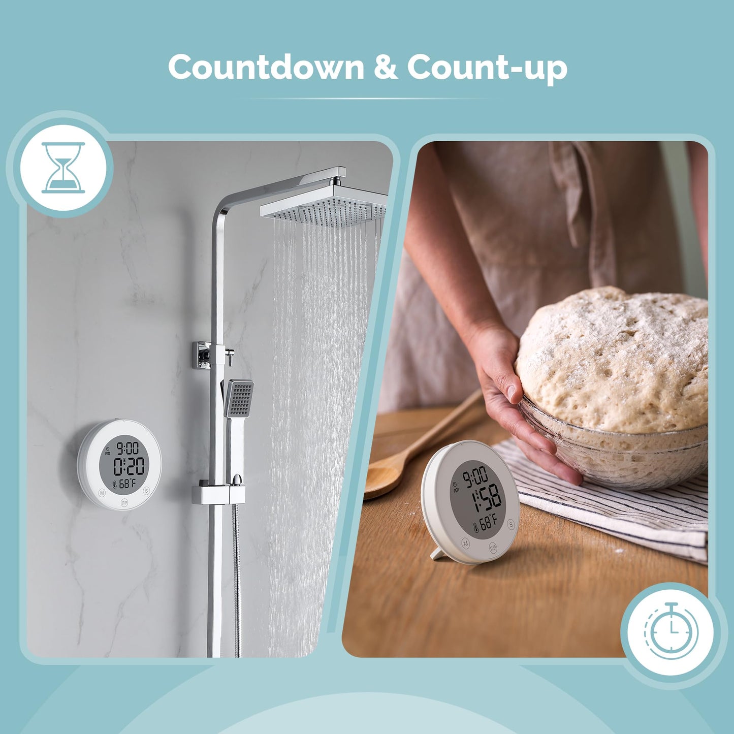 KADAMS Shower Timer Clock Waterproof Bathroom Timer – Digital Wall Clock with Countup Countdown, Magnetic Kitchen ClockTimer with Temperature, Suction Cup Kids Shower Spa Cook Bath (3.54, Pearl White)