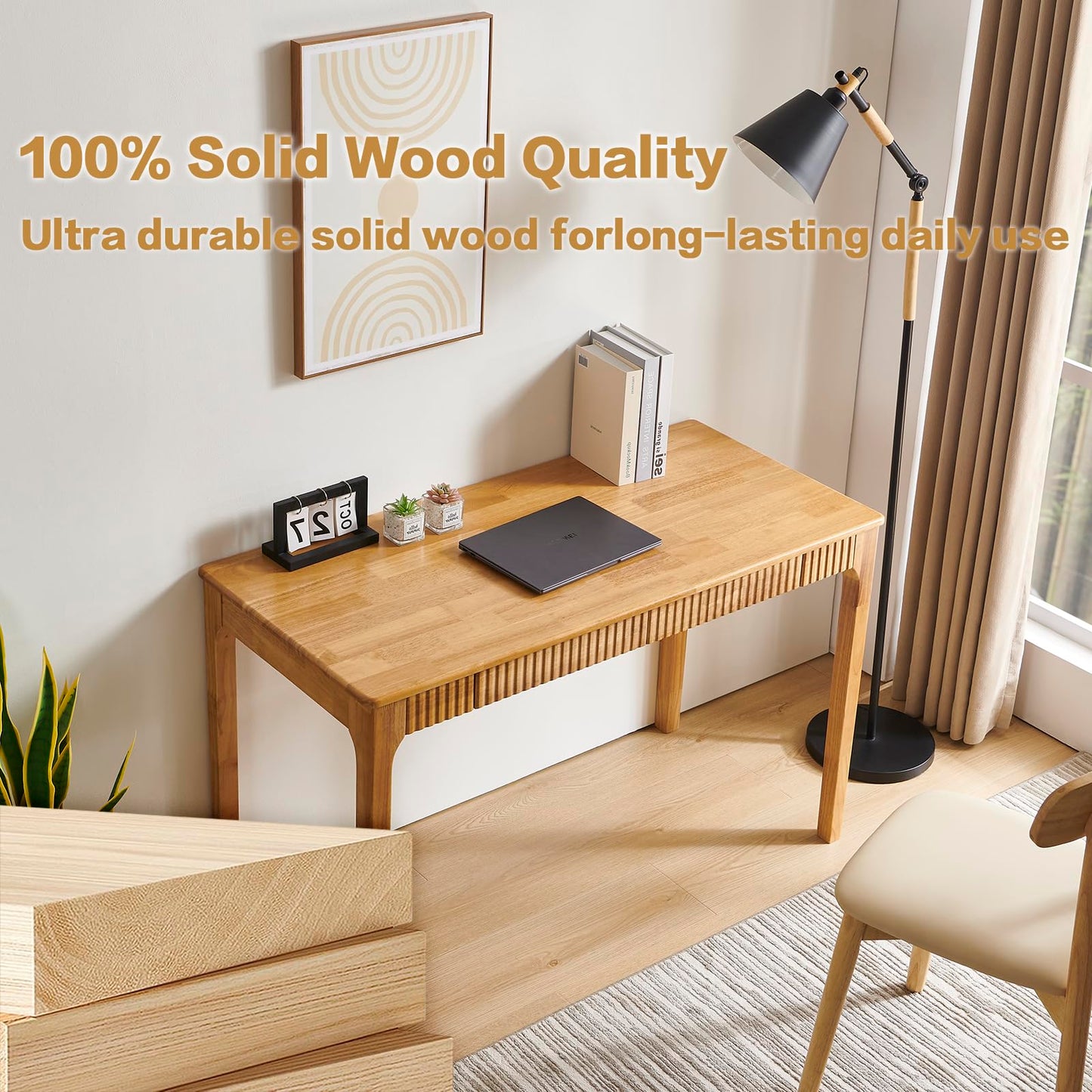 JTYP Solid Wood Desk with Drawers, Light Wood Desk for Small Spaces, Small Writing Desk for Bedroom, Gaming Study Home Office Wooden Desks for Work, 39 inch Wood Computer Desk