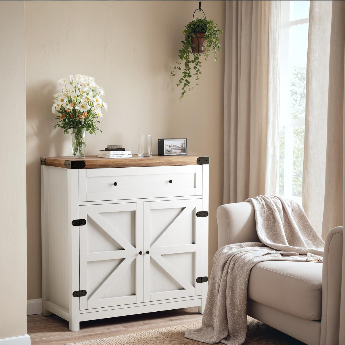 YESHOMY Coffee Bar and Accent Cabinet, Farmhouse Barn Door Buffet Sideboard with Drawer and Adjustable Shelf, Wide Desktop for Kitchen, Dining Room, Bathroom, Entryway, Rustic Brown & White