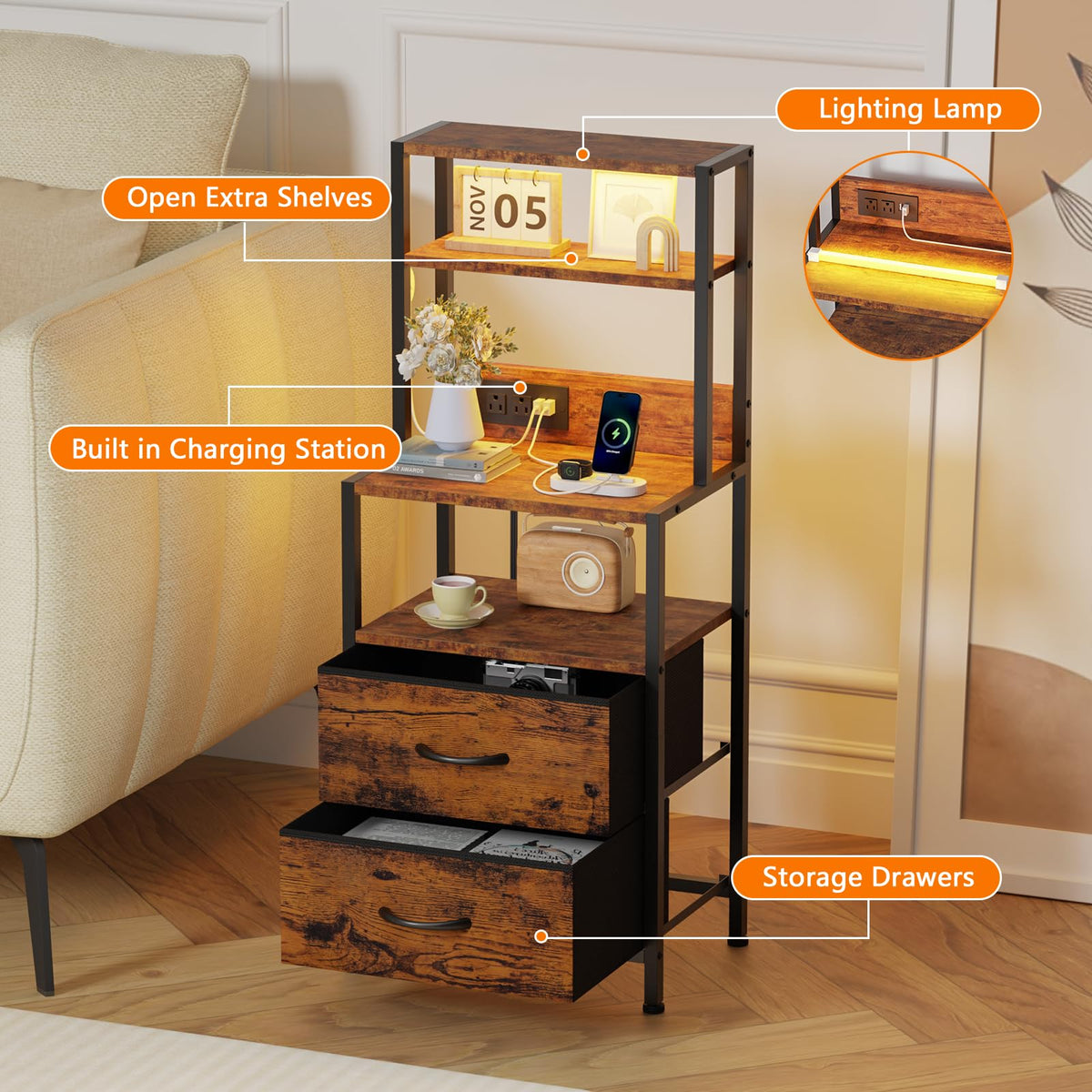 Furnulem Night Stand, Tall Nightstand with 4-Tier Shelves, 2 Fabric Drawers and LED Lights, Bed Side Tables with Charging Station, Bedside Table for Bedroom, Office, Rustic Brown