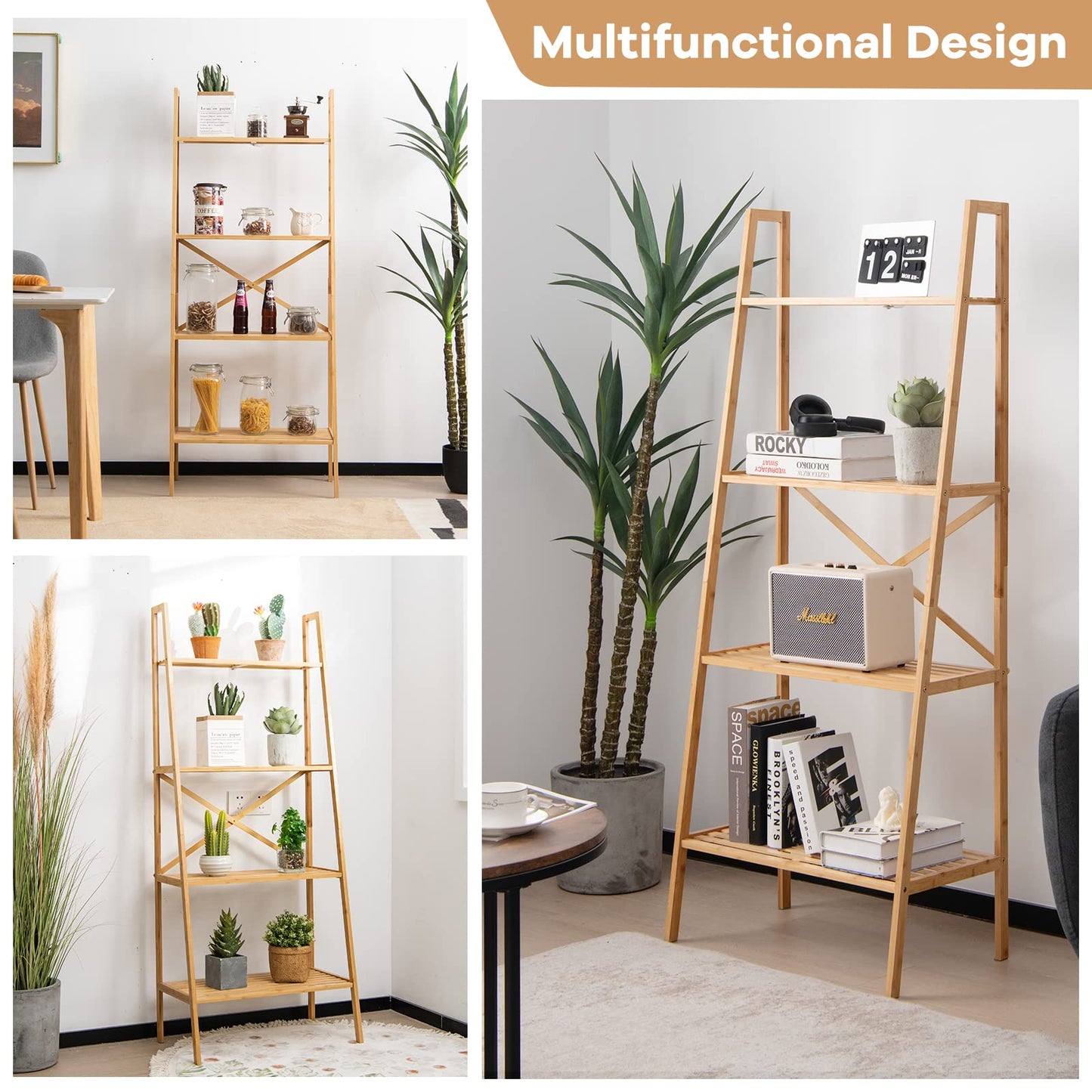 Giantex 4-Tier Bamboo Bookshelf, Multifunctional Storage Display Rack Shelves with Anti-Tipping Device, Natural Bamboo Ladder Shelf for Home Office Kitchen Bathroom