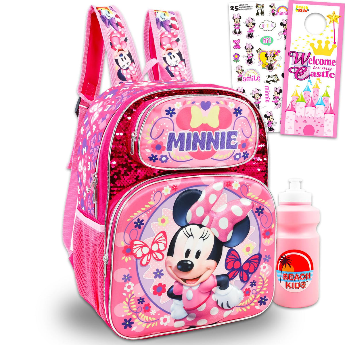 Minnie Mouse School Backpack for Girls - Bundle with 16” Disney Sequin Bag Plus Water Bottle, Stickers, More | Minnie School Supplies for Kids