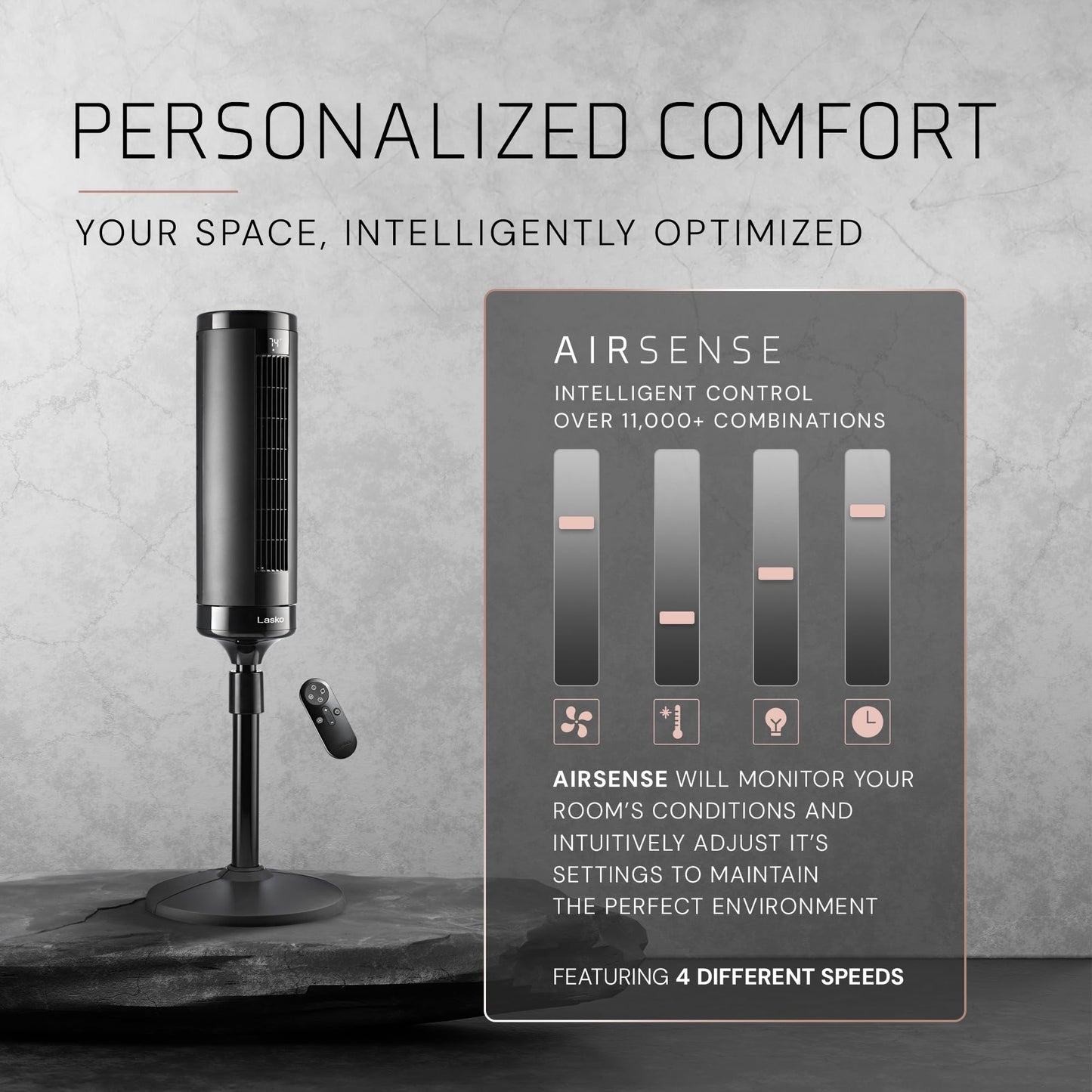 Lasko Elevation Adjustable Tower Fan 42”-54”, Pedestal Fan, 31 ft/s Airflow, Quiet 28 dB, 90° Oscillation, 12h Timer, Remote, Black, EST100