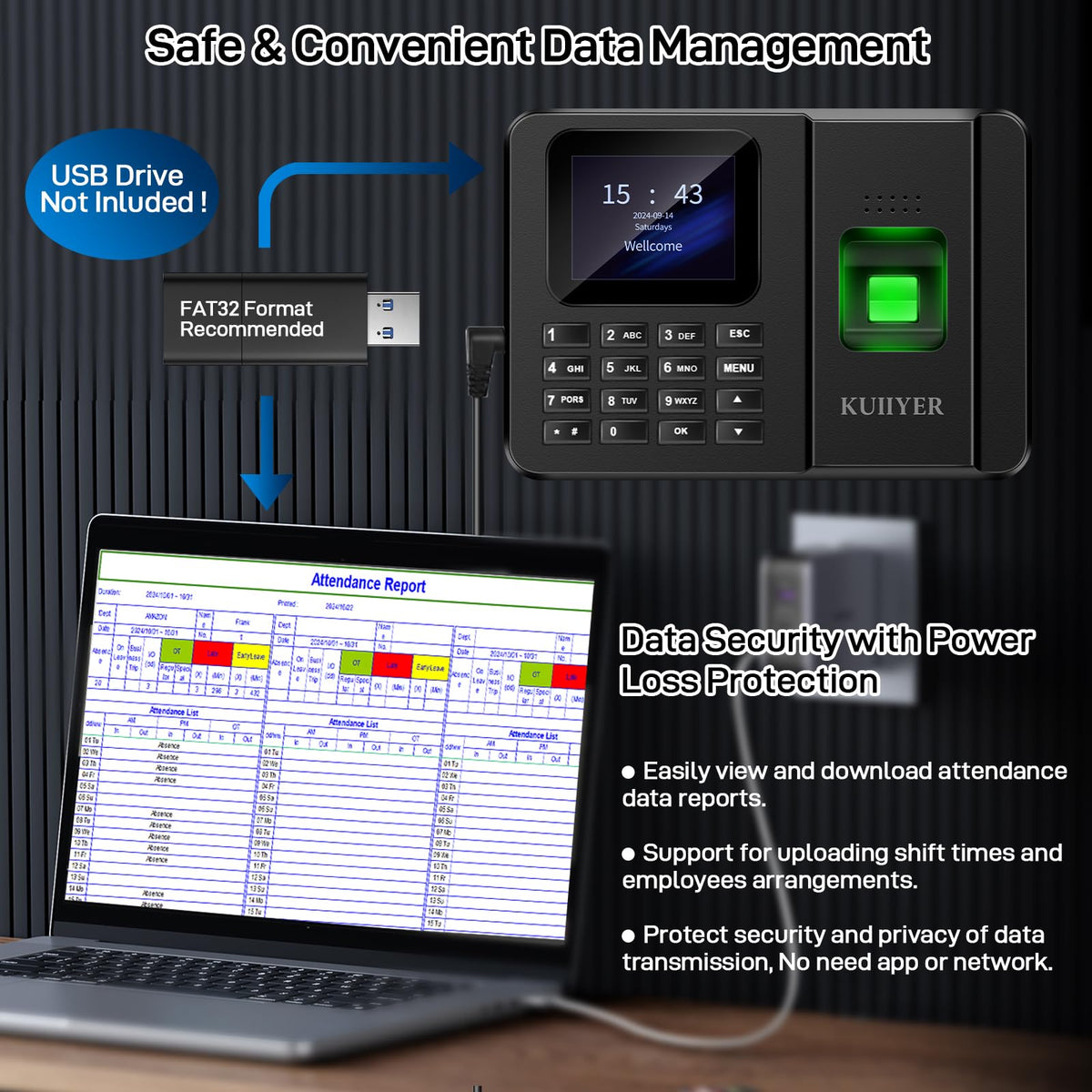 KUIIYER 2 in 1 Employees Time Clocks for Small Business (Fingerprint + Password) Employee Clock in & Out Machine Biometric Attendance Punch Clock Recorder Tracker (No Monthly Fee)
