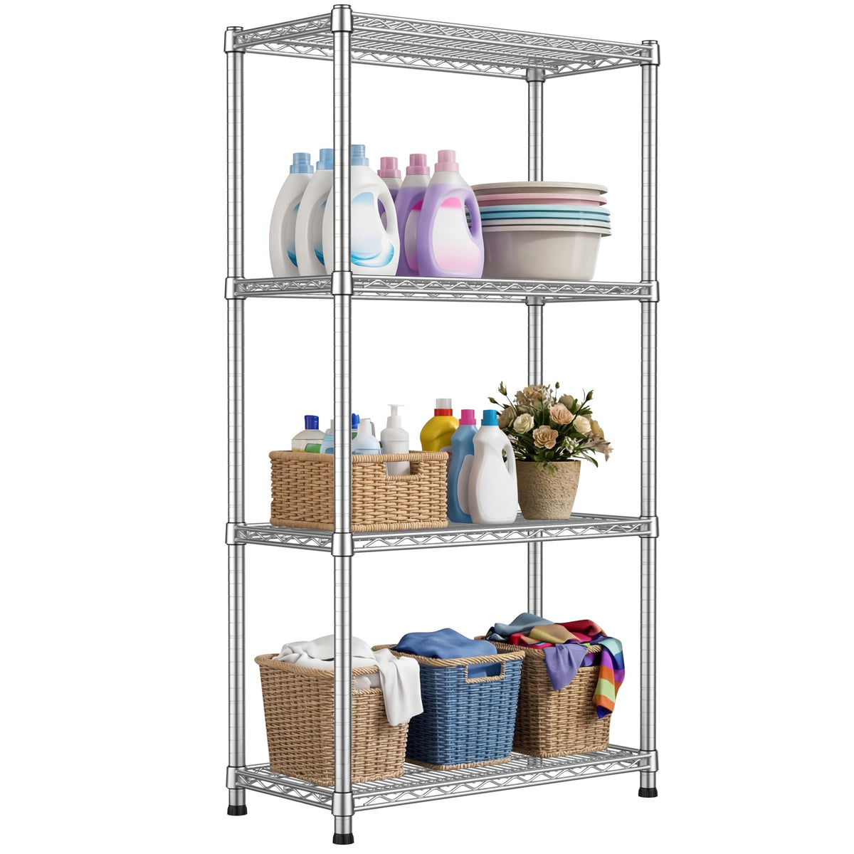 4-shelf Metal Wire Shelving Unit Heavy Duty Storage Shelves Adjustable Steel Shelf Wire Rack 2200LBS Metal Flower Stand Laundry Shelf organization for Garage Pantry Warehouse 13.8"Dx30"Wx59.06"H