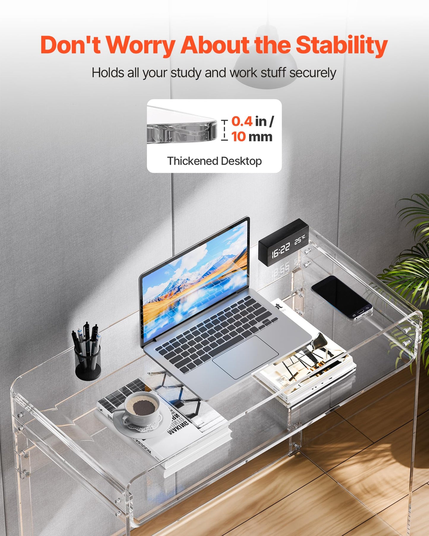 VEVOR Acrylic Desk, Clear Laptop Study Desk with Storage Shelf, Modern Transparent Console Table for Home Office, Living Room, Bedroom, Entryway, 33.5" W x 15.7" D x 29.5" H