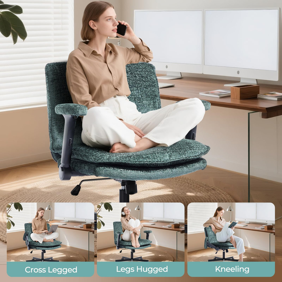 Morkprism Criss Cross Chair with Flip-Up Arms and Lockable Wheels, Plush Fabric Cross Legged Office Desk Chair,Wider 125°Tilting Adjustable Swivel Computer Chair for Home, Apartment, Bedroom,Green