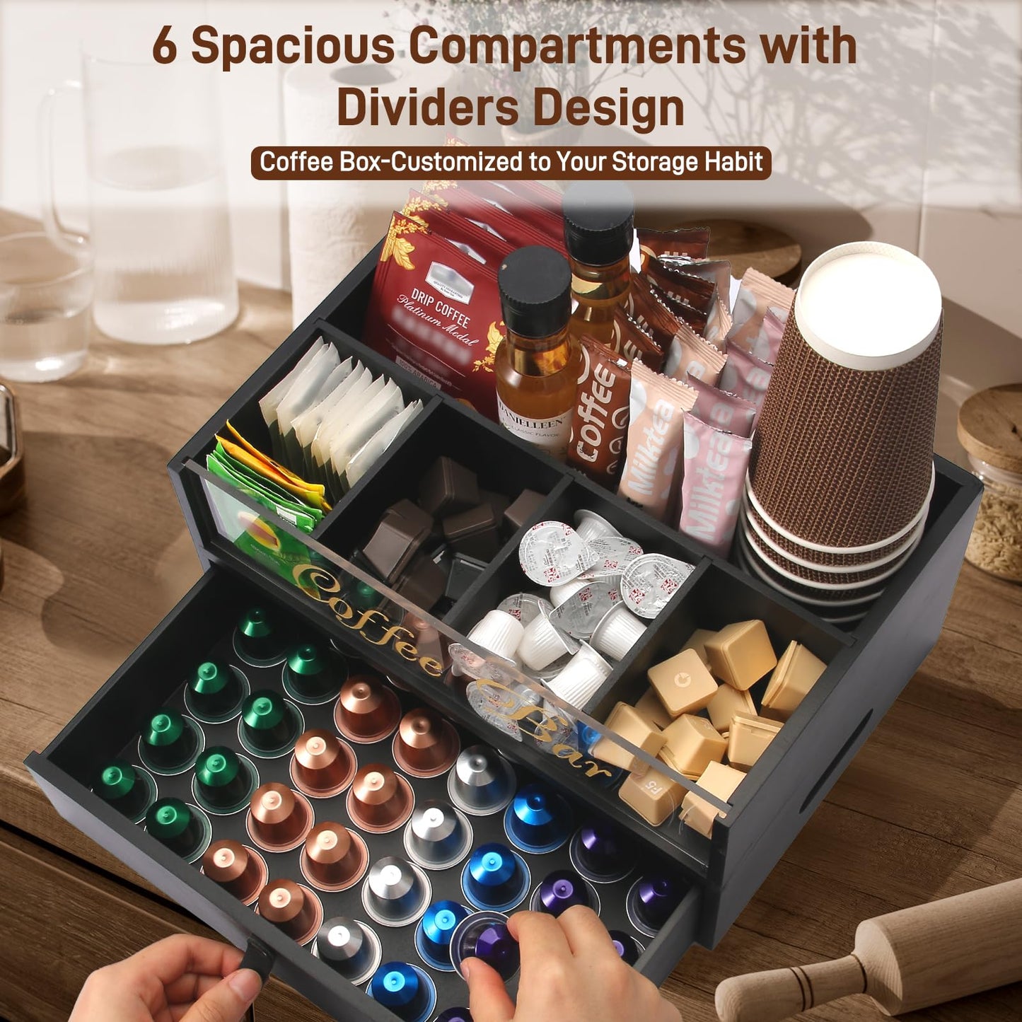 Intarsio 2-Tier Coffee Bar Organizer with Clear Acrylic Top, Built-in Drawer and Leather Handle Pull for Countertop, Stylish Coffee Station Storage Box for Accessories, Pods, Great Gifts for Home