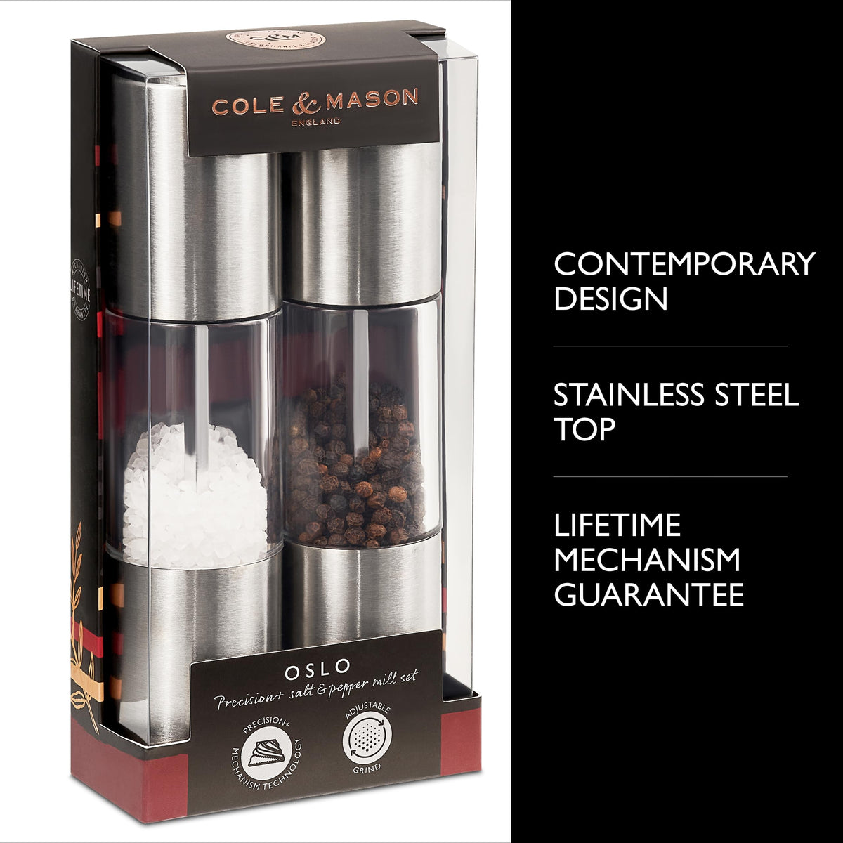 Cole & Mason Oslo Precision Salt & Pepper Grinder Set - Refillable Spice Mills - Salt Mill with Diamond Cut Ceramic Mechanism - Pepper Grinder with Carbon Steel Mechanism