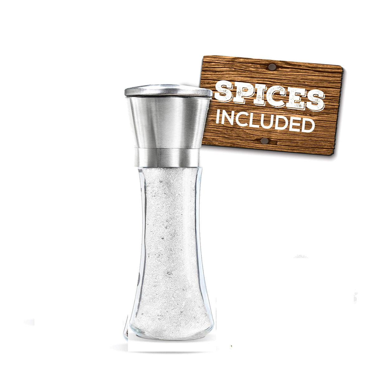 Prefilled Stainless Steel Salt and Pepper Grinder - Includes White Rock Salt - Glass and Stainless Steel Mill - Large Capacity Shaker - Top Loading Design by Mason Mills