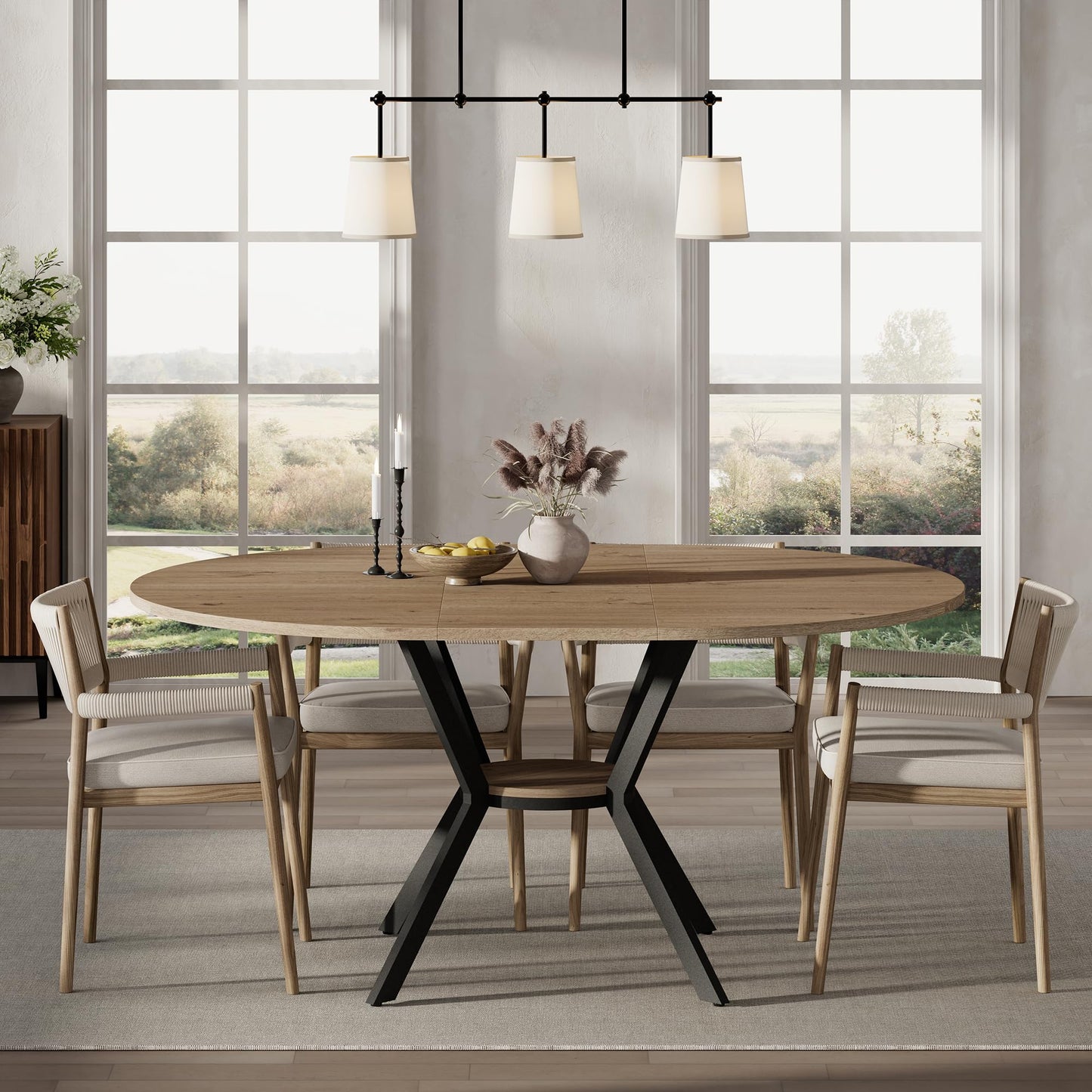 42"-58" Extendable Round Dining Table with Built-in Flip Leaf, Modern Oval Kitchen Table for 4-6, Space-Saving Small Room Furniture with Storage Shelf and X-Shaped Metal Base