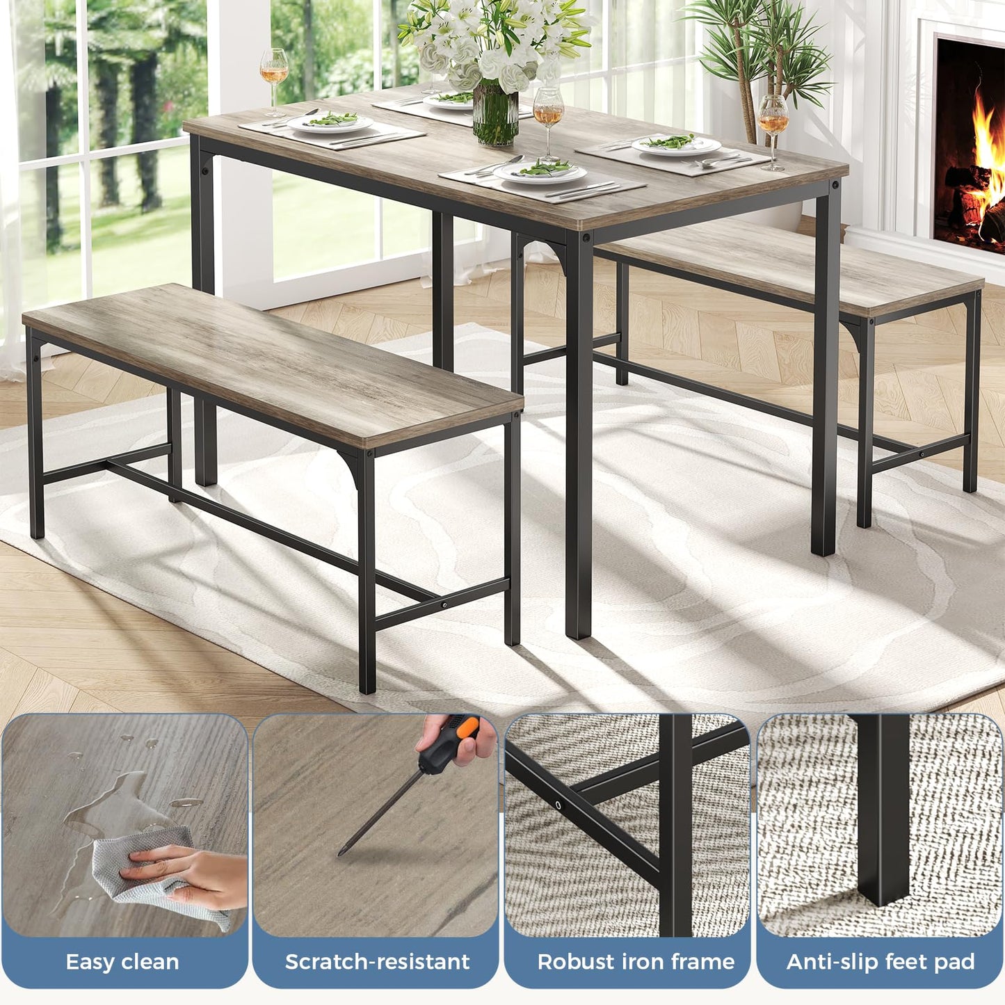 DUMOS Dining Table Set, Dining Table for 4 with Bench,Kitchen Table, Space-Saving Ideal 4-Person Set for Dining Room Kitchen Apartment Corner Grey 3 Pack