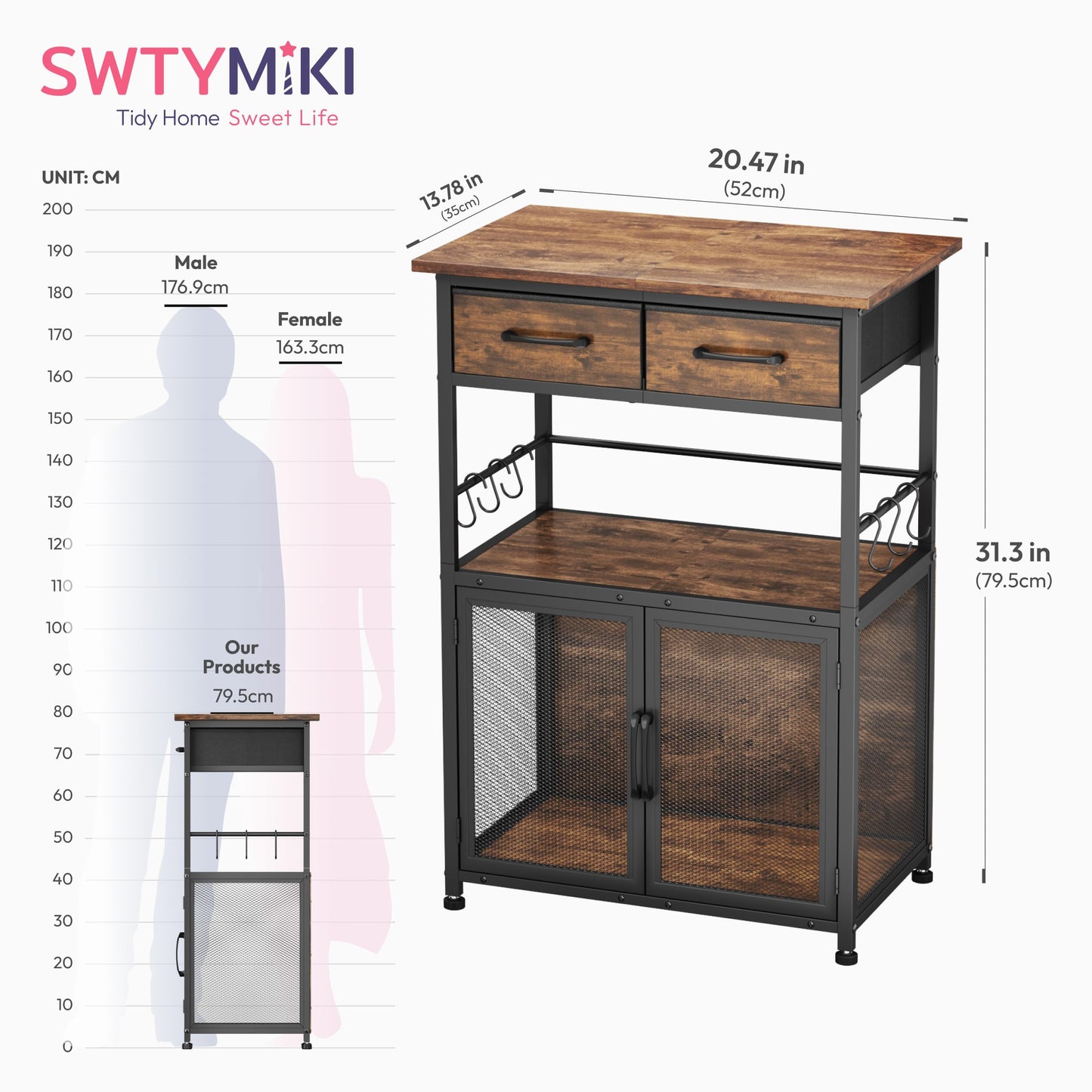 SWTYMIKI Coffee Bar Cabinet with Drawer - 20.47" Coffee Stand Station with Removable Hooks, Buffet Cabinet for Coffee Maker or Microwave, Kitchen Bar Table Storage Organizer, Espresso
