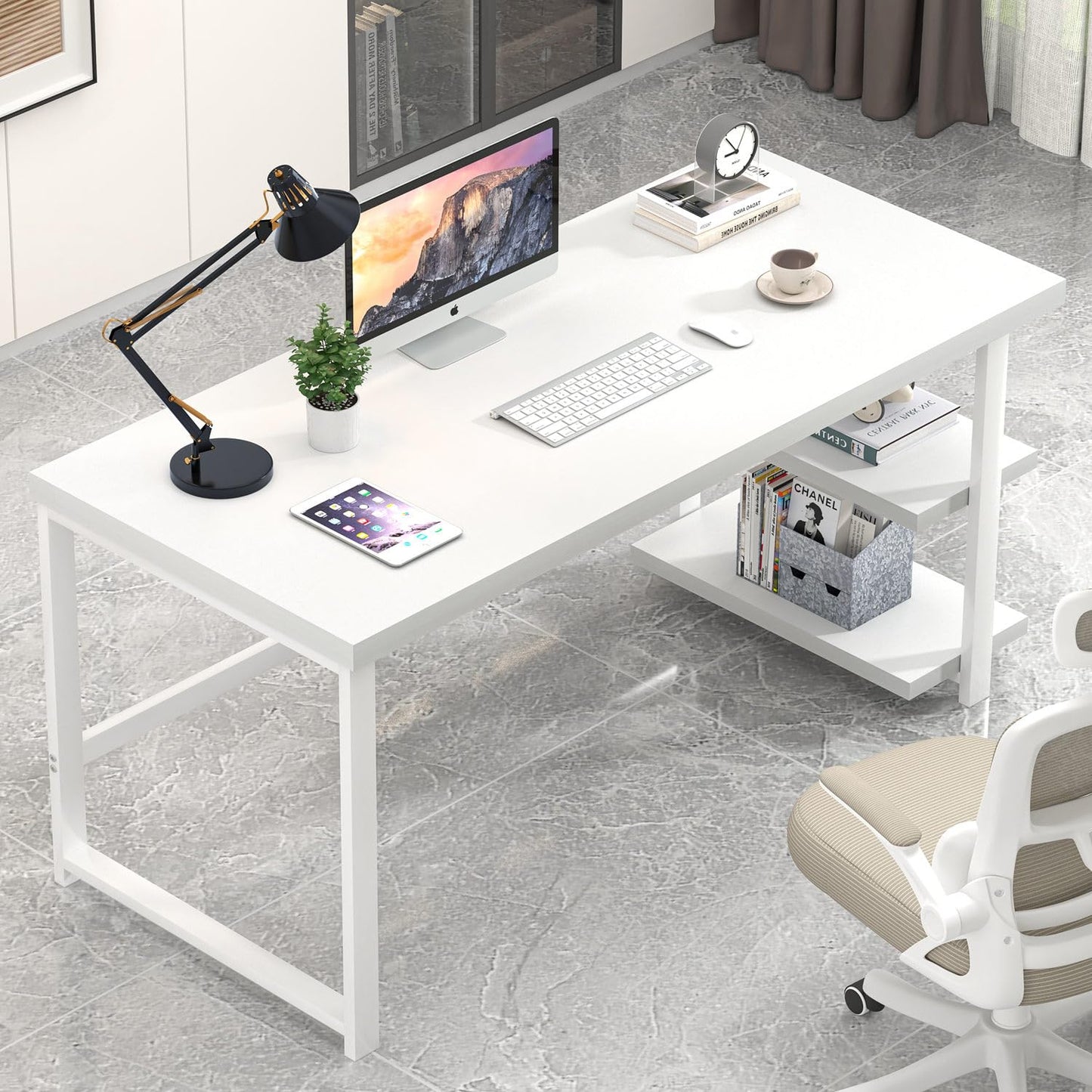 EXCEFUR White Computer Desk, Modern Home Office Desk with Storage Shelf, Wood and Metal Writing Study Table for Living Room Bedroom, 53 Inch