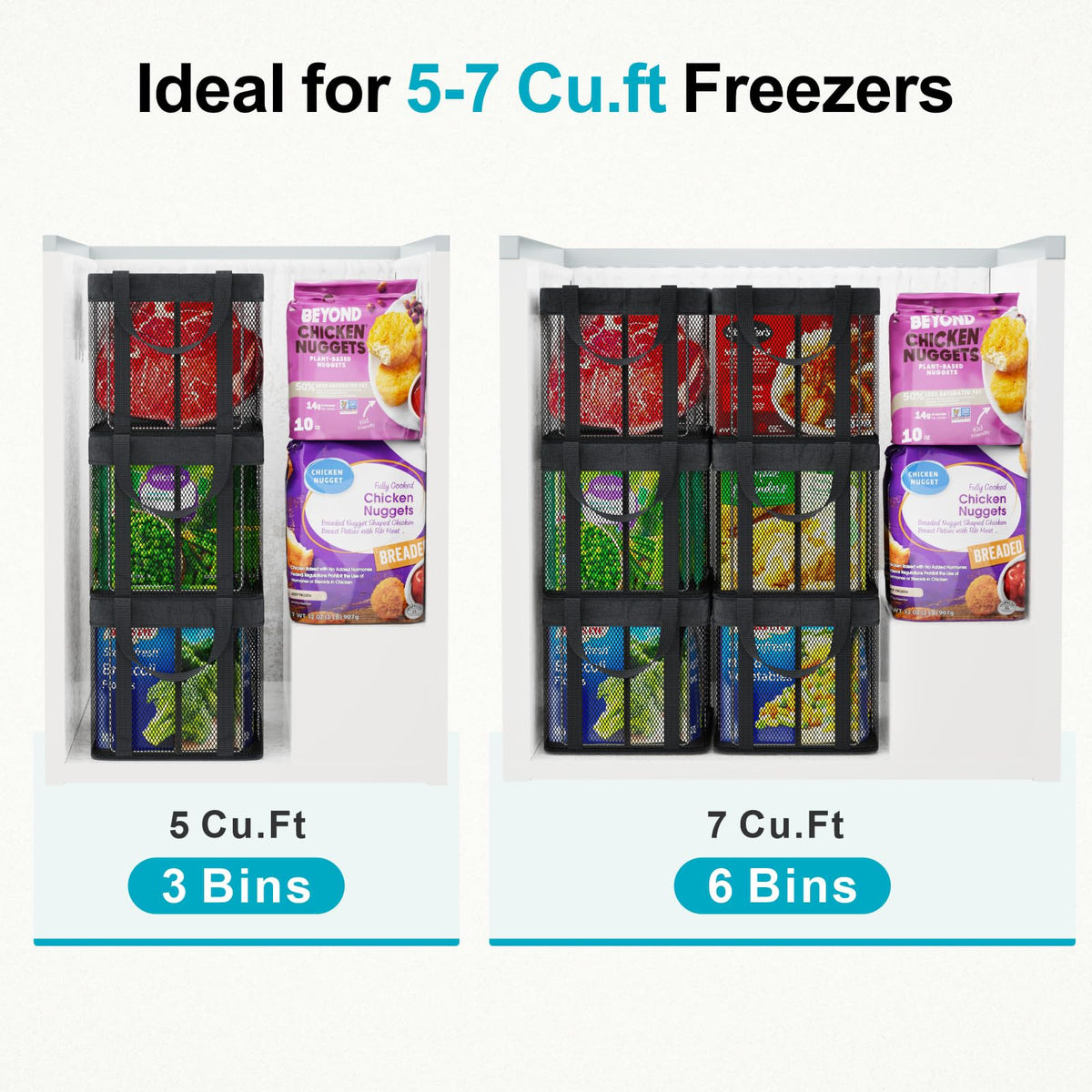 iSPECLE Freezer Organizer Bins, 3 Pack 15" Large Stackable Deep Freezer Organizer Bins for 5 to 7 Cu.Ft Chest Freezer, Sturdy Fabric & Stainless Steel for Meat & Vegetables, Easy Access, Black