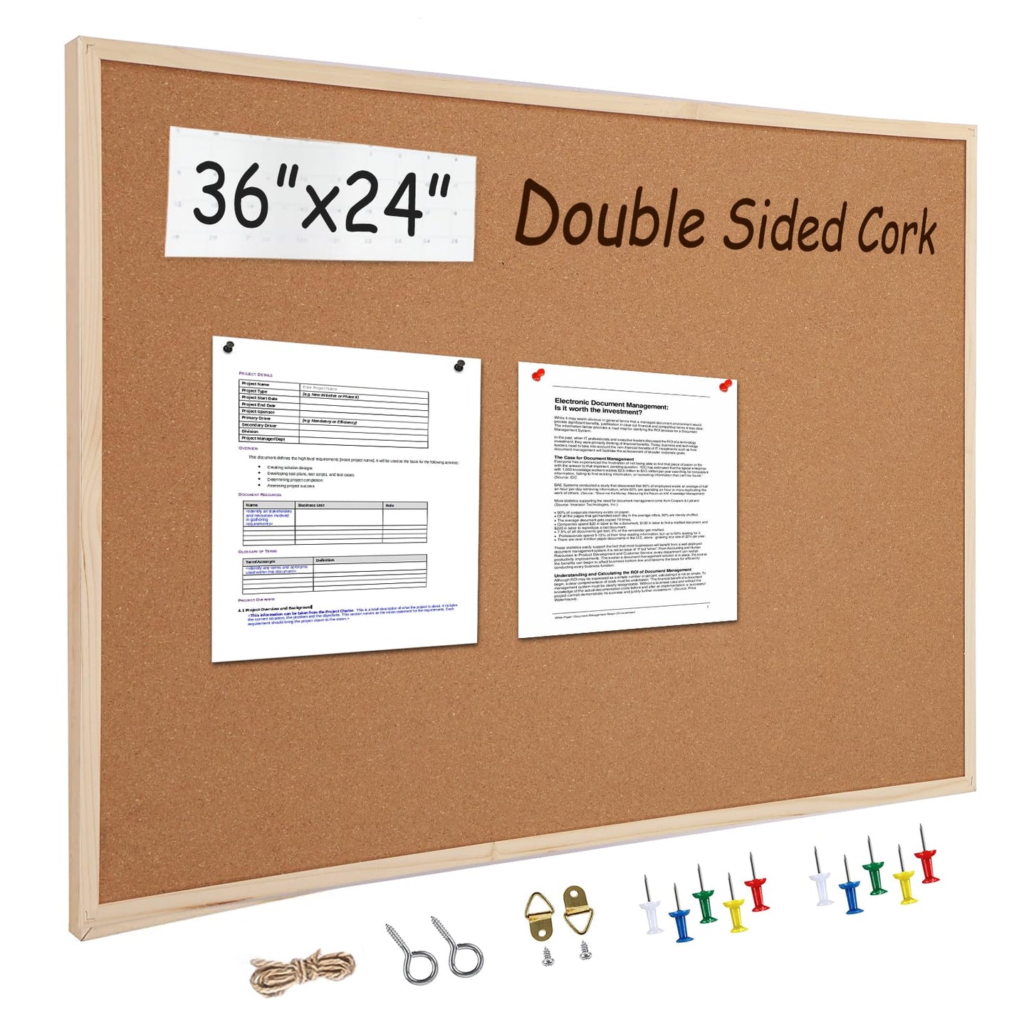 24” x 36” Cork Boards for Walls with Wooden Frame 1pack, Double Sided Office Board for Wall Organizer, Bulletins Board Decorative Hanging Pin Board for School, Home & Office, Notice Board Memo Board