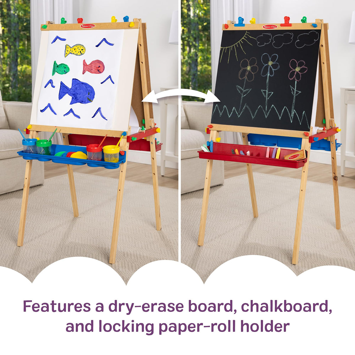 Melissa & Doug Deluxe Wooden Art Easel for Kids with Dry-Erase Board, Chalkboard & Drawing Paper Roller, Folding Double-Sided Toddler Easel, Preschool Learning Toys for Girls & Boys Ages 3+