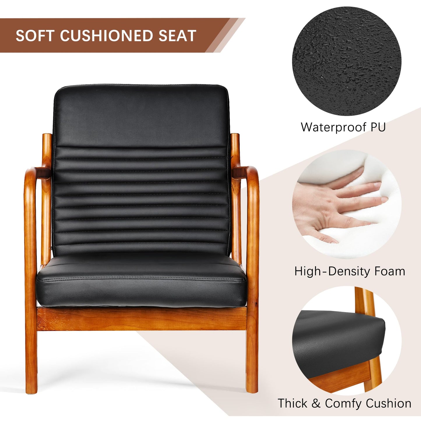 VECELO Mid-Century Modern Accent Chair with Faux Leather Cushion & Solid Wood Frame, Lounge Armchair for Living Room, Bedroom, Office, Black