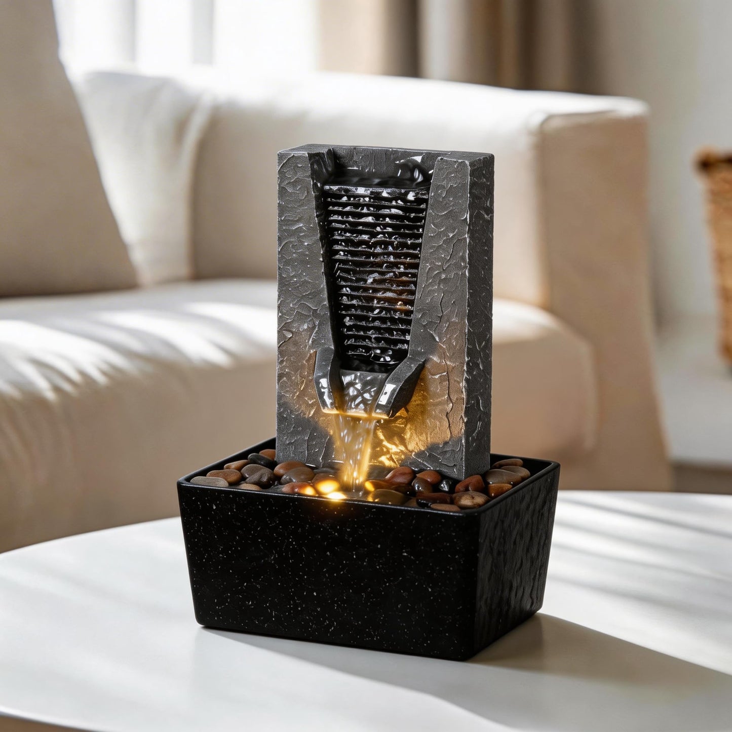 Zen Tabletop Indoor Water Fountain - Indoor Waterfall with LED Light, Relaxing Water Sounds for Office Desk Decor, Home Meditation & Stress Relief, Ideal Relaxation Gift for Women/Men