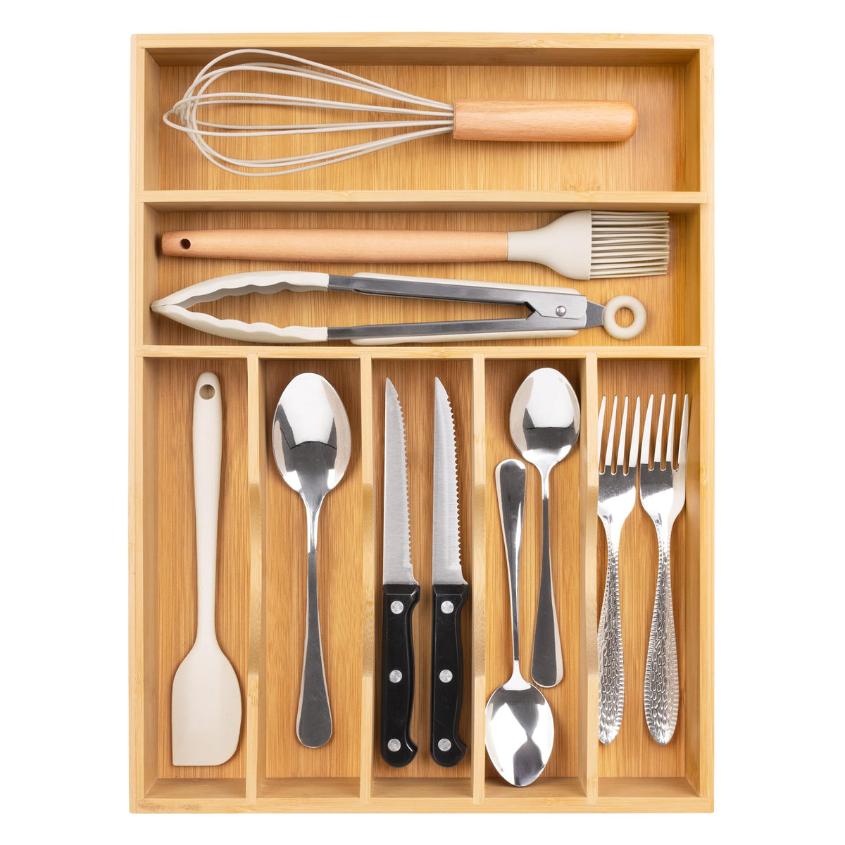 Bellsal Natural Utensil Organizer 12.5 Inch Silverware Organizer for Drawer Utensil Holder Cutlery Organizer Kitchen Drawer Organizer 7 Compartment Small Narrow Bamboo